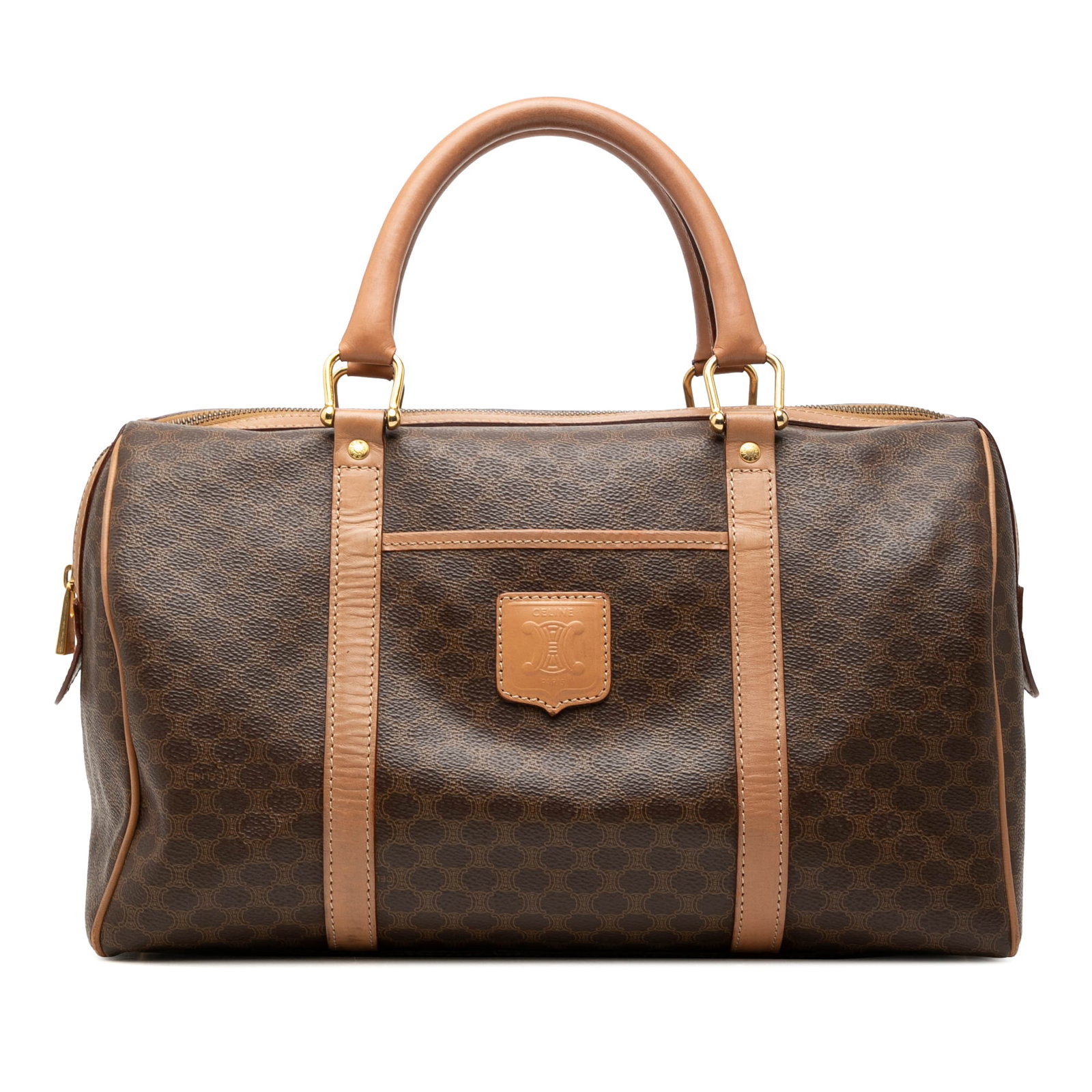 Celine Macadam Boston Bag in Brown Coated Canvas: Celine Macadam Boston Bag in Brown Coated Canvas Celine Macadam Boston bag in brown coated canvas with leather trim and rolled leather handles. The design includes a top zip closure, a front exterior 