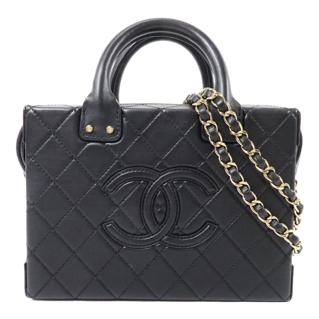 CHANEL AS3345 CC Vanity Case 2way Shoulder Bag Black Calfskin: CHANEL AS3345 CC Vanity Case 2way Shoulder Bag Black Calfskin Chanel vanity case designed as a 2-way shoulder bag in black calfskin leather. This women's bag features the CC motif and a structured com