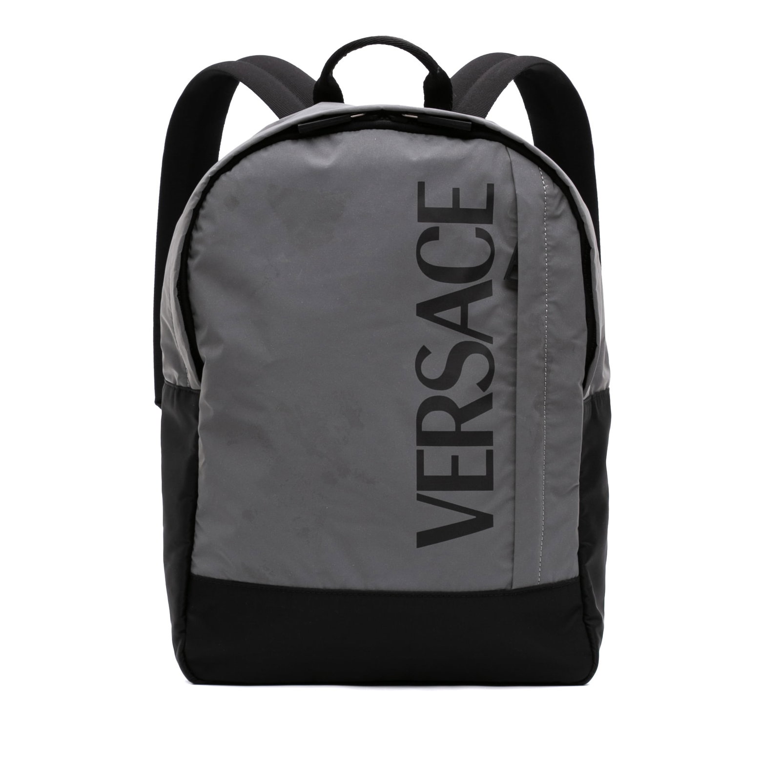 Versace Logo Print Nylon Backpack Gray Made in Italy: Versace Logo Print Nylon Backpack Gray Made in Italy Versace backpack in gray nylon with logo print styling. It features a flat top handle, flat back straps, a two-way zip-around closure, and a front 