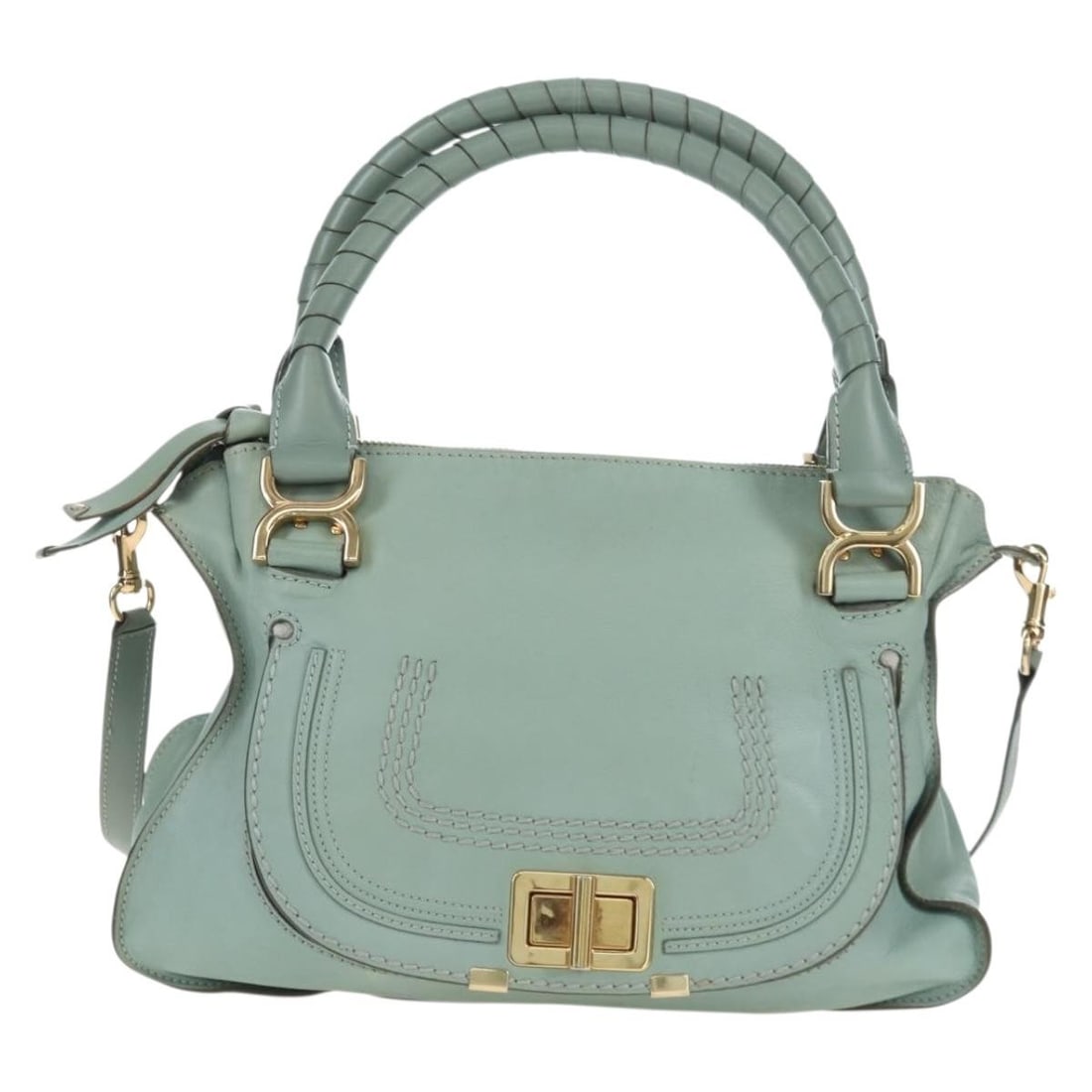 Chloe Marcie Top Handle Bag Green Leather: Chloe Marcie Top Handle Bag Green Leather Chloe Marcie Top Handle bag in green leather. This women's handbag is made in Italy and remains in good condition, showing light marks, deformation, edge crac