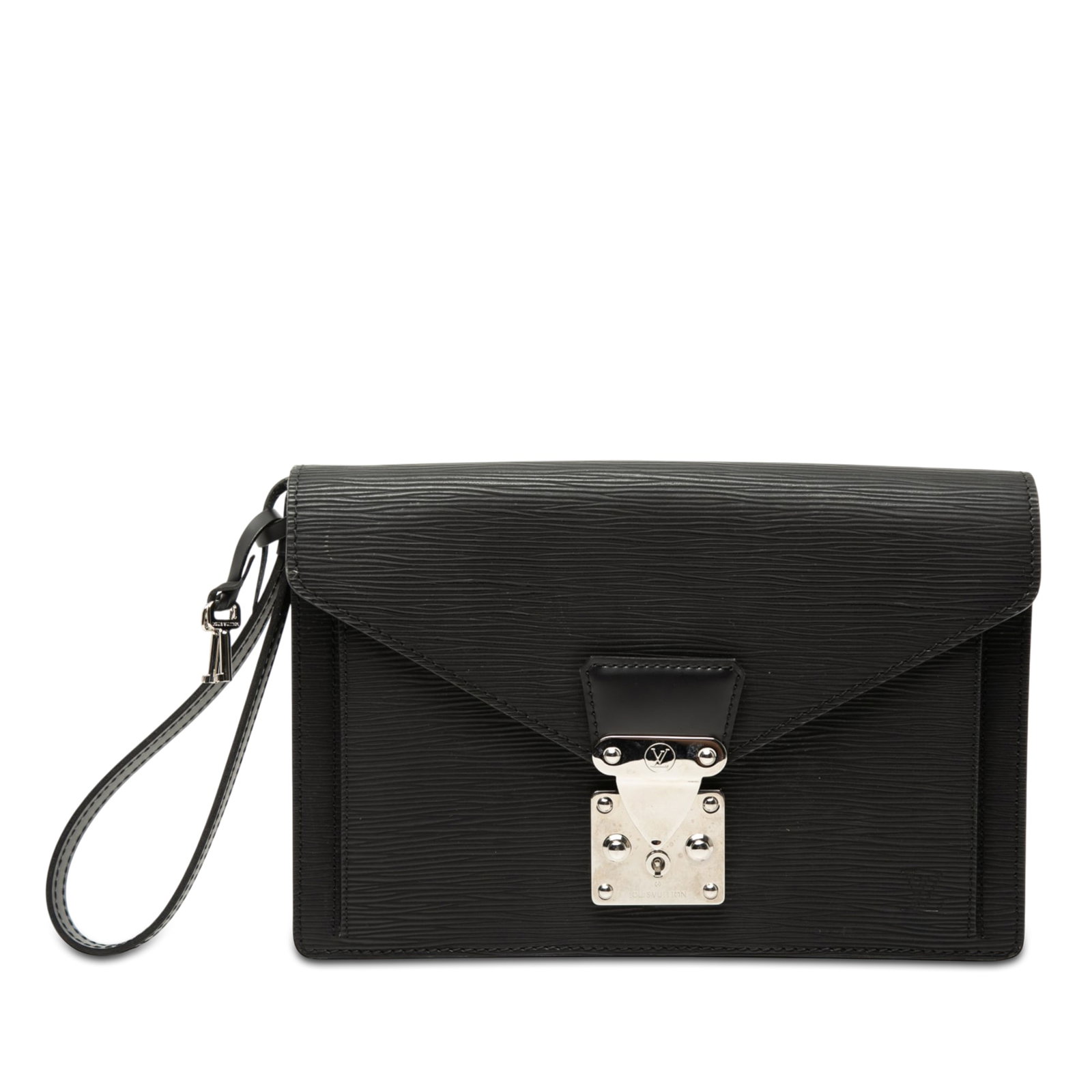 Louis Vuitton Sellier Dragonne Epi Leather Wristlet Bag Black: Louis Vuitton Sellier Dragonne Epi Leather Wristlet Bag Black A Louis Vuitton Epi Pochette Sellier Dragonne in black leather, designed with a flat wrist strap and a front flap with push-lock closure. 