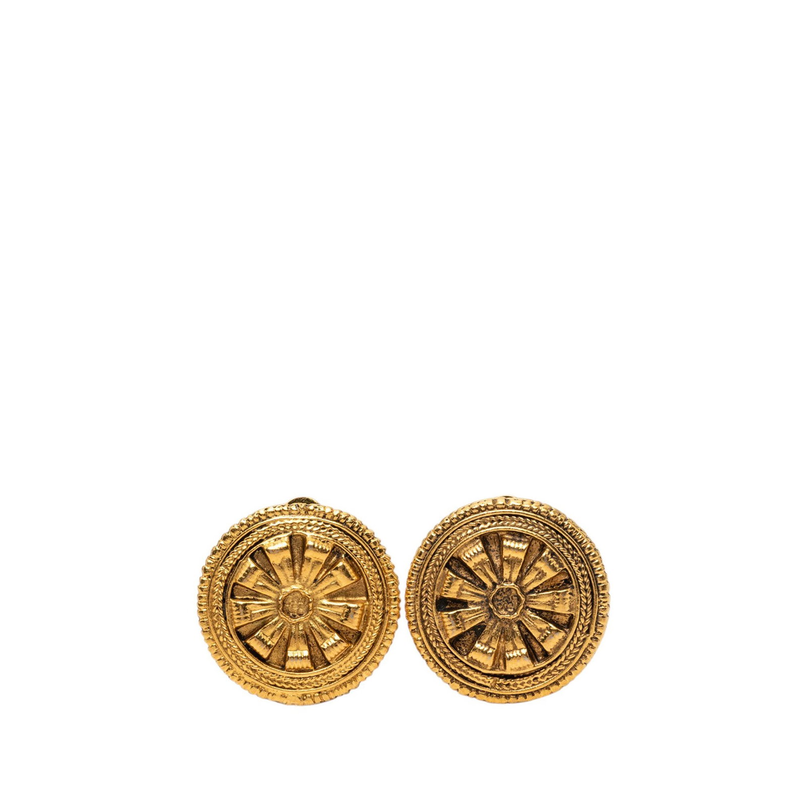 Chanel Floral Shield Round Clip On Earrings Gold Plated: Chanel Floral Shield Round Clip On Earrings Gold Plated Round floral shield clip-on earrings in gold-plated metal. This costume jewelry pair is made in France and features classic Chanel styling with 