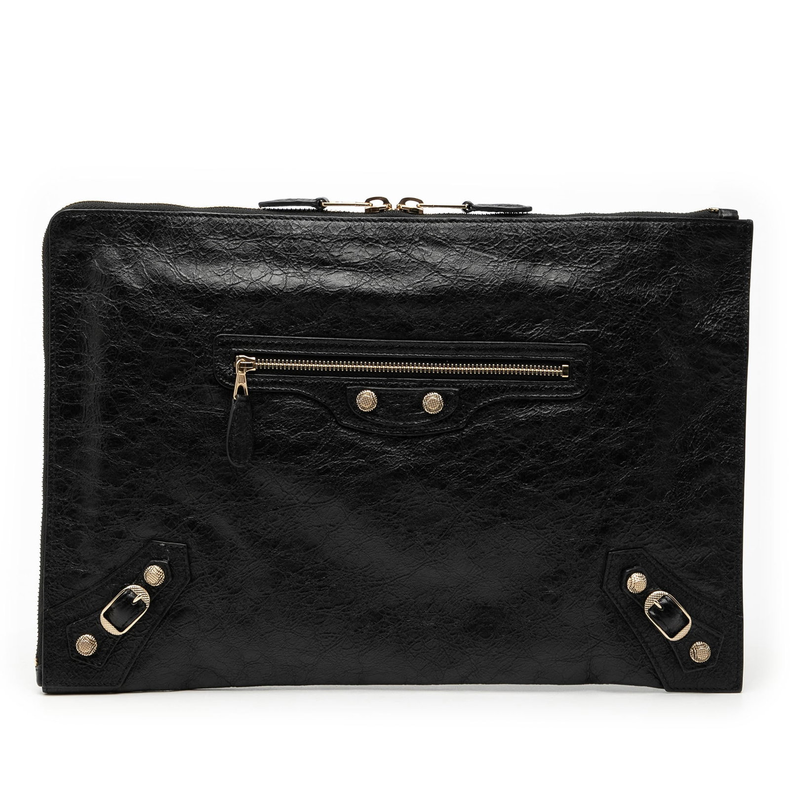 Balenciaga Black Lambskin Leather Motocross Giant 12 Studded Clutch Bag: Balenciaga Black Lambskin Leather Motocross Giant 12 Studded Clutch Bag This Balenciaga clutch features a black lambskin leather body with stud detailing. It is designed with a top zip closure, an ext