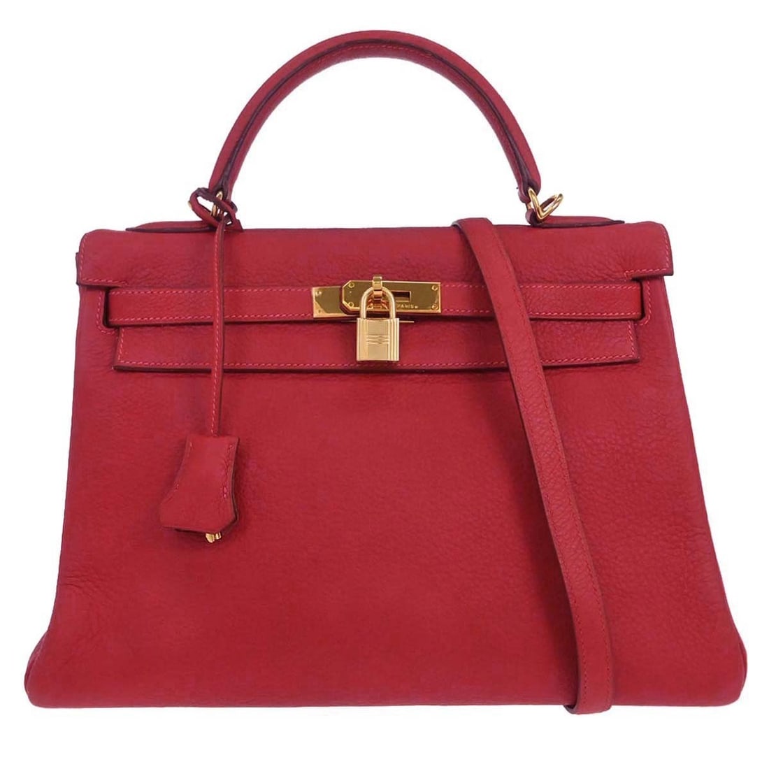 Hermes Kelly 32 Retourne Rouge Vif Togo 2way Bag: Hermes Kelly 32 Retourne Rouge Vif Togo 2way Bag Hermes Kelly 32 Retourne 2way handbag in Rouge Vif Togo leather with gold-tone hardware. This women's top handle bag features a turn-lock closure, red 