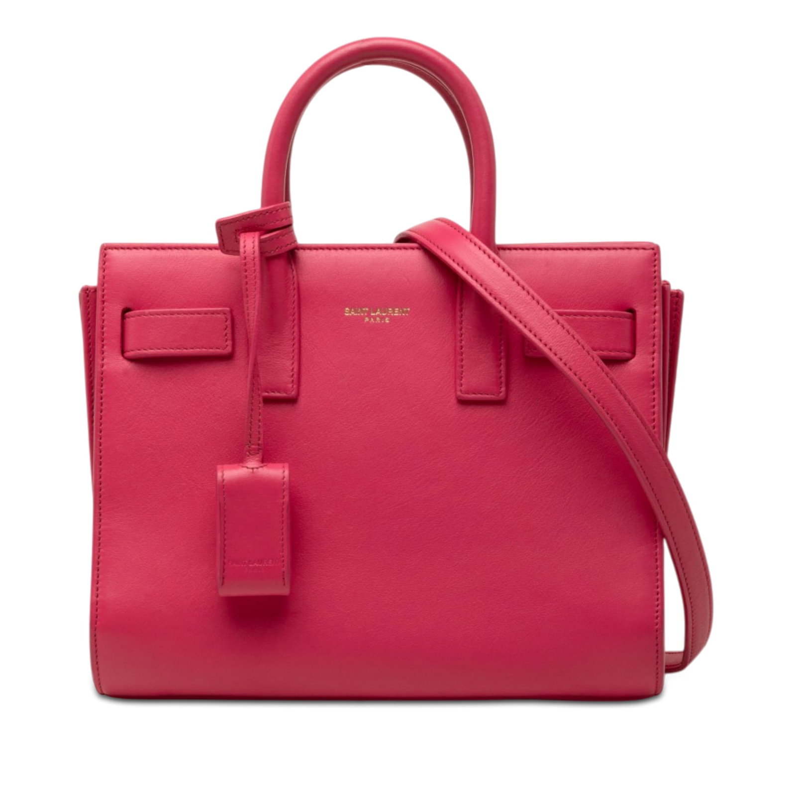 Saint Laurent Sac de Jour Nano Pink Leather Satchel: Saint Laurent Sac de Jour Nano Pink Leather Satchel Saint Laurent Sac de Jour nano satchel in pink leather with rolled leather handles and a detachable flat leather strap. The bag features an open top