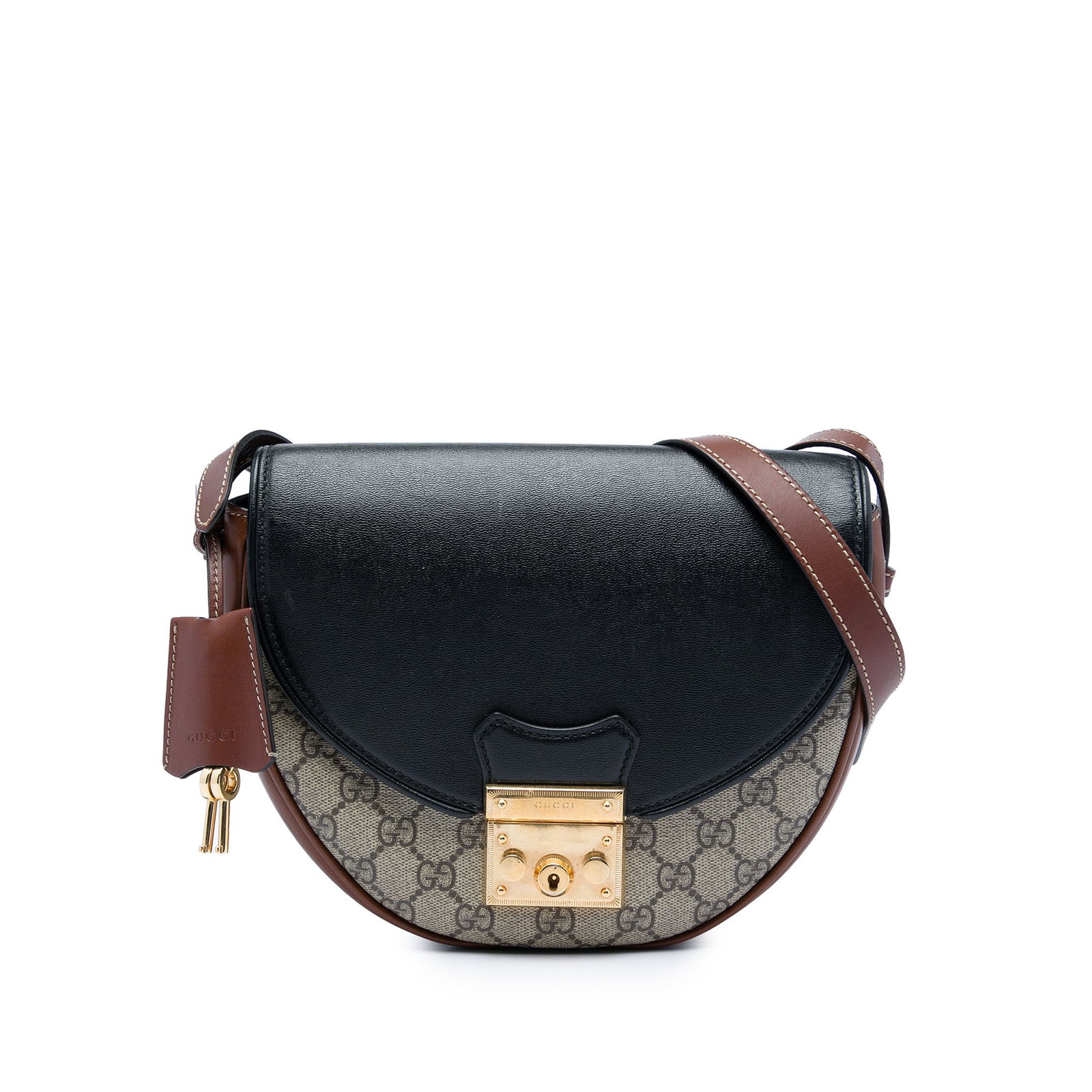 Gucci GG Supreme Saddle Padlock Flap Crossbody Bag: Gucci GG Supreme Saddle Padlock Flap Crossbody Bag Gucci GG Supreme Saddle Padlock Crossbody bag crafted with a coated canvas body and leather trim. The design features a flat shoulder strap, a leathe