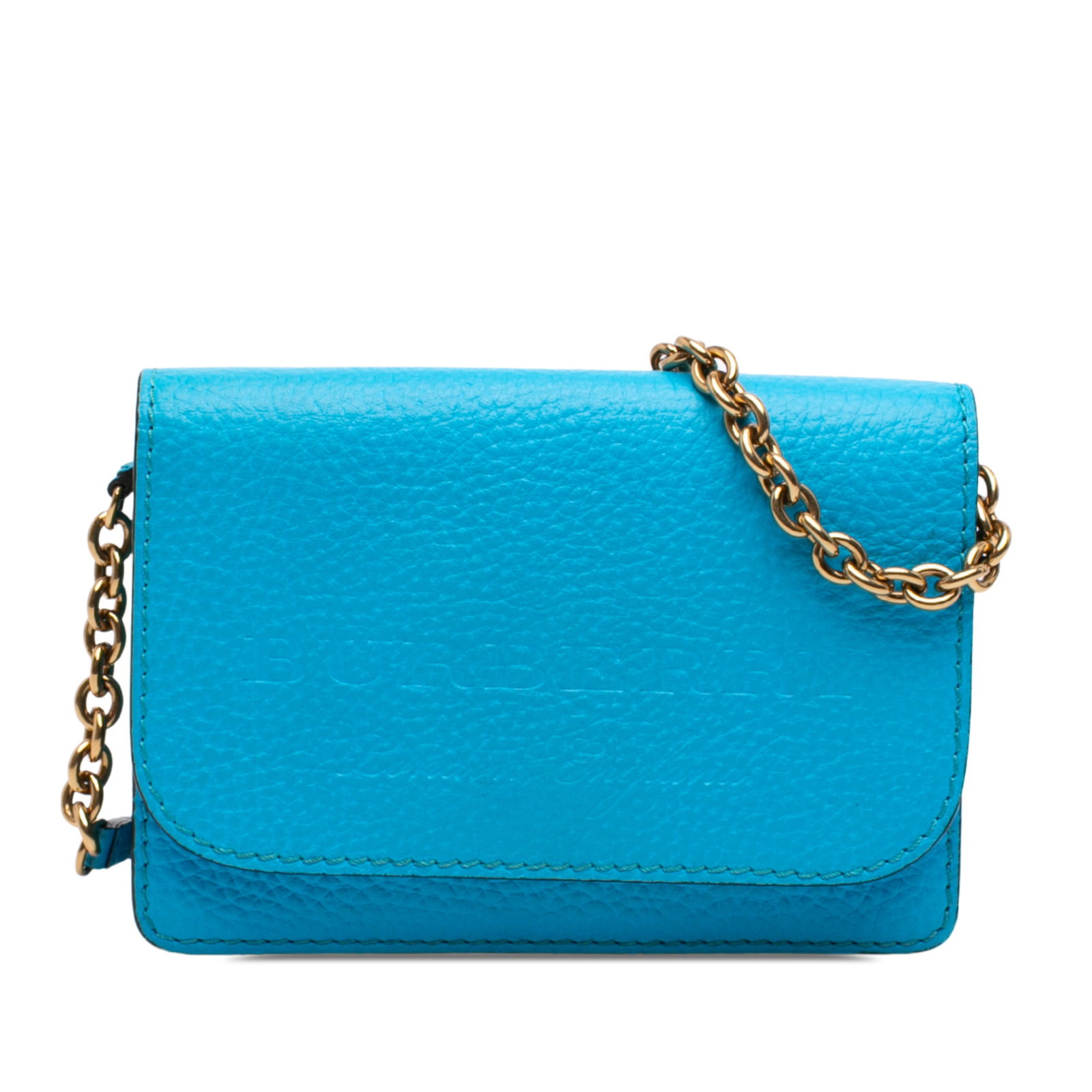 Burberry Hampshire Wallet on Chain Blue Pebbled Leather: Burberry Hampshire Wallet on Chain Blue Pebbled Leather Burberry Hampshire Wallet on Chain in blue with a canvas body, leather trim, and embossed logo detailing. This wallet-on-chain features a detach