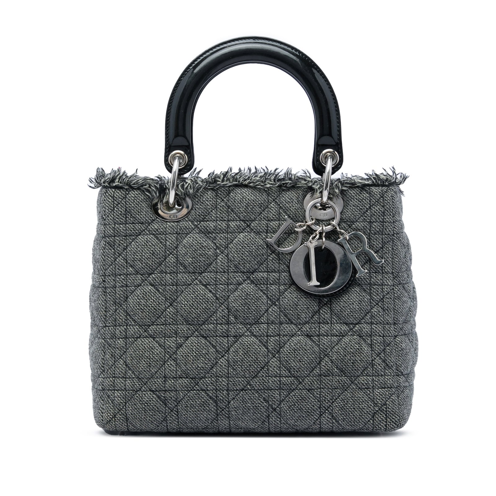 Dior Lady Dior Medium Cannage Tweed Handbag Gray: Dior Lady Dior Medium Cannage Tweed Handbag Gray A medium Lady Dior handbag in gray tweed with the signature Cannage design. It features flat leather top handles, a top zip closure, and an interior zi