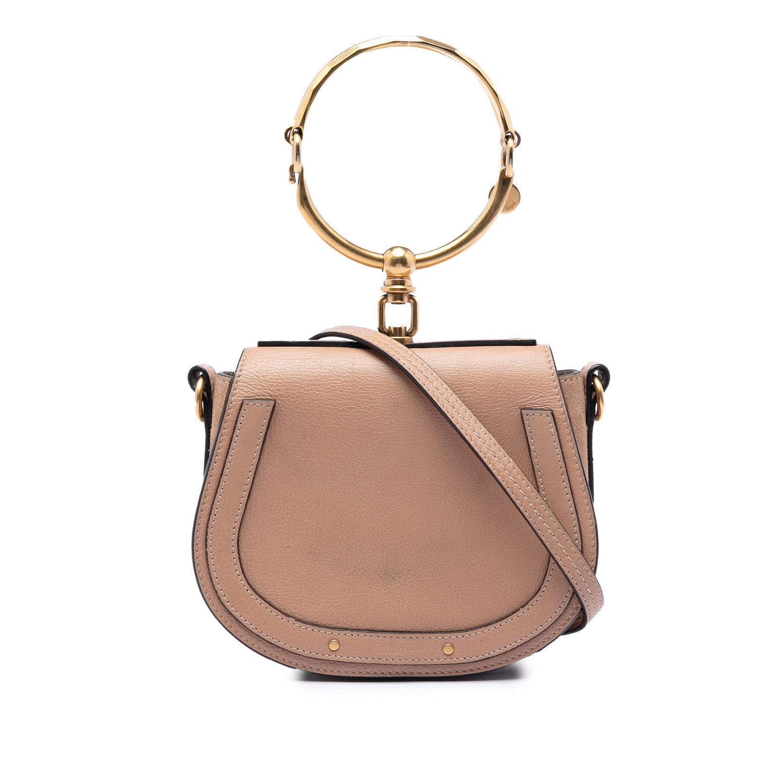 Chloe Nile Small Pink Leather Bracelet Handle Satchel: Chloe Nile Small Pink Leather Bracelet Handle Satchel Small Chloe Nile bracelet satchel crafted in pink leather with a metal hoop top handle and a detachable flat leather strap. The bag features a fla