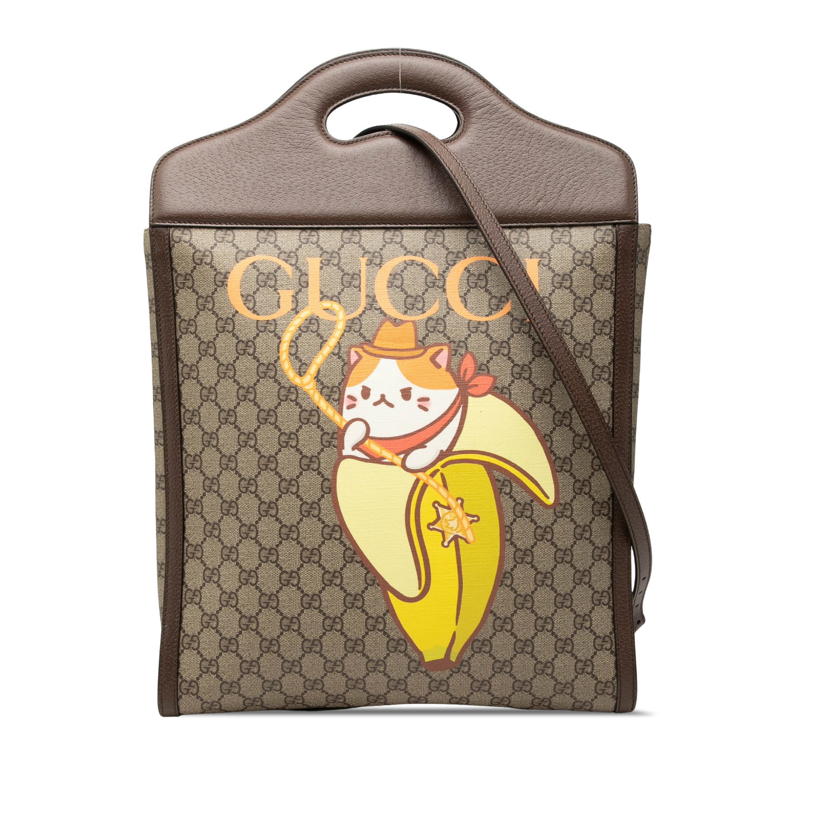 Gucci Crunchyroll Bananya Satchel in GG Supreme Canvas: Gucci Crunchyroll Bananya Satchel in GG Supreme Canvas A Gucci Crunchyroll Bananya GG Supreme satchel made in Italy. This satchel features a coated canvas body with leather trim, structured leather ha