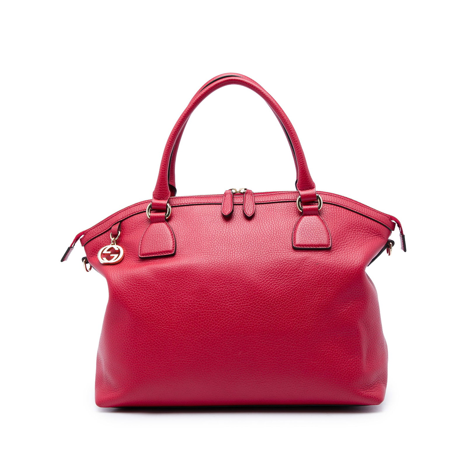 Gucci GG Charm Dome Satchel Large Red Calfskin Leather: Gucci GG Charm Dome Satchel Large Red Calfskin Leather Gucci Large Dollar Calfskin GG Charm Dome Satchel in red leather with a structured dome silhouette. It features rolled leather handles, a top zip