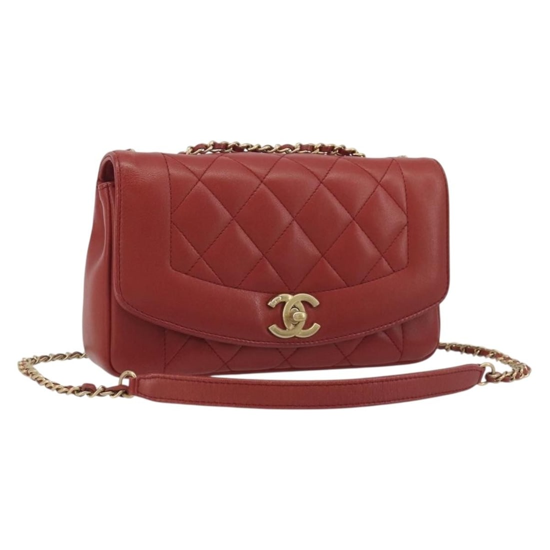 CHANEL Matelasse Lamb Skin Shoulder Bag Red Gold Tone CC: CHANEL Matelasse Lamb Skin Shoulder Bag Red Gold Tone CC Chanel Matelasse chain shoulder bag crafted in red lamb skin with gold tone CC detailing. This women's shoulder bag includes a dust bag and gua
