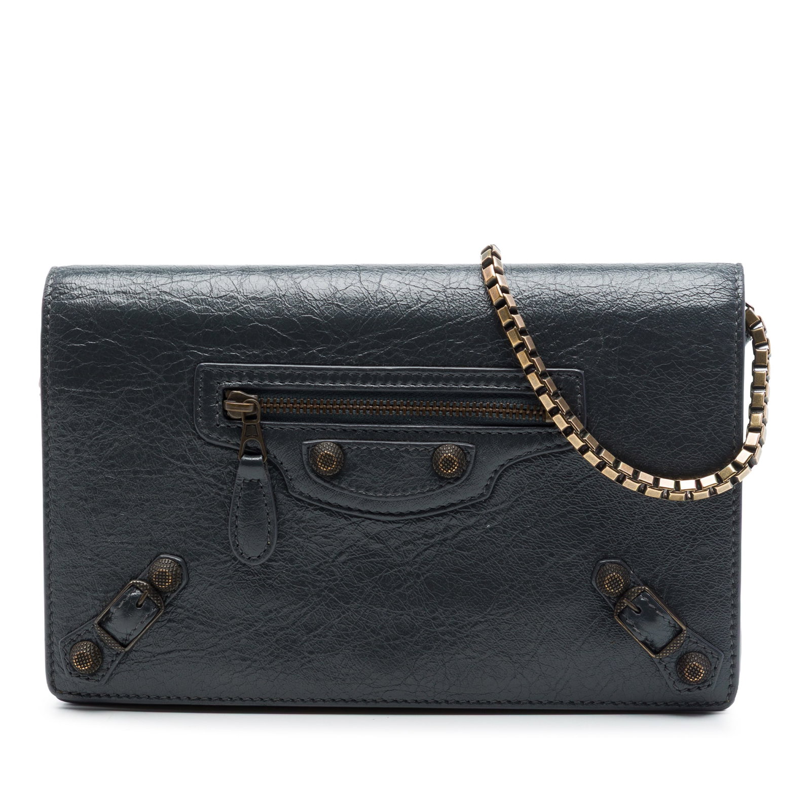 Balenciaga Giant 12 Wallet on Chain Gray Lambskin Crossbody: Balenciaga Giant 12 Wallet on Chain Gray Lambskin Crossbody Balenciaga Lambskin Motocross Giant 12 Wallet on Chain in gray lambskin leather. This crossbody style features a chain link strap, a front f