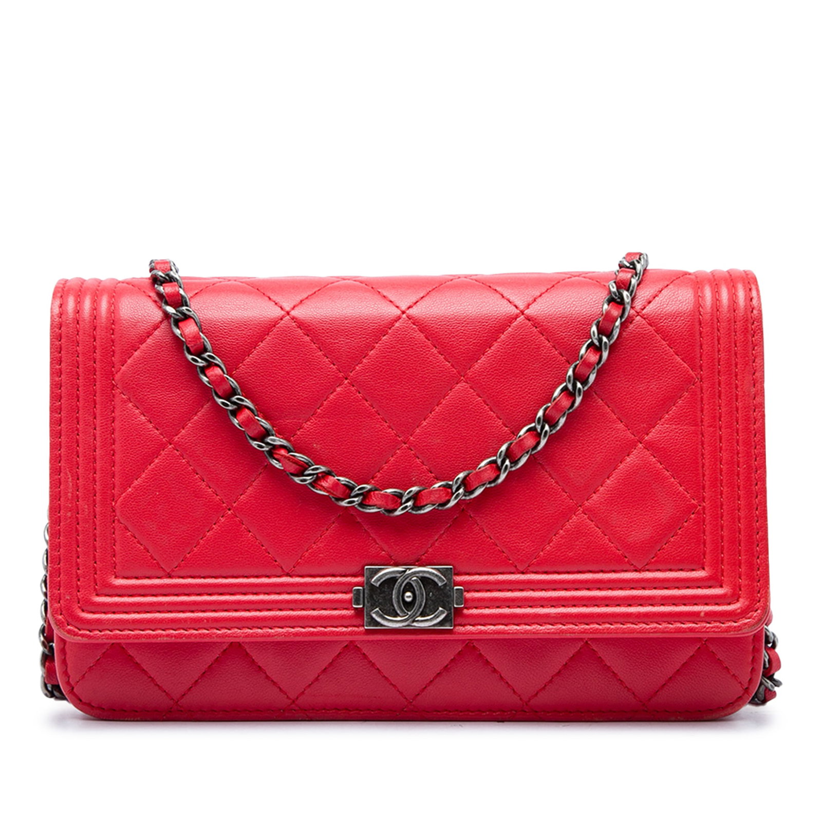 Chanel Boy Wallet On Chain Red Quilted Lambskin Bag: Chanel Boy Wallet On Chain Red Quilted Lambskin Bag A Chanel Boy Wallet On Chain crafted in red quilted lambskin leather. This bag features a leather-woven chain link strap, a front flap with snap but