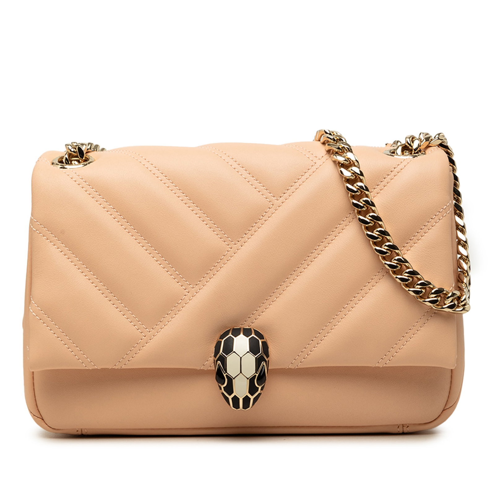Bvlgari Serpenti Cabochon Small Pink Leather Crossbody Bag: Bvlgari Serpenti Cabochon Small Pink Leather Crossbody Bag A Bvlgari Serpenti Cabochon small crossbody bag crafted in pink leather. It features a curb chain link shoulder strap with a leather guard, a