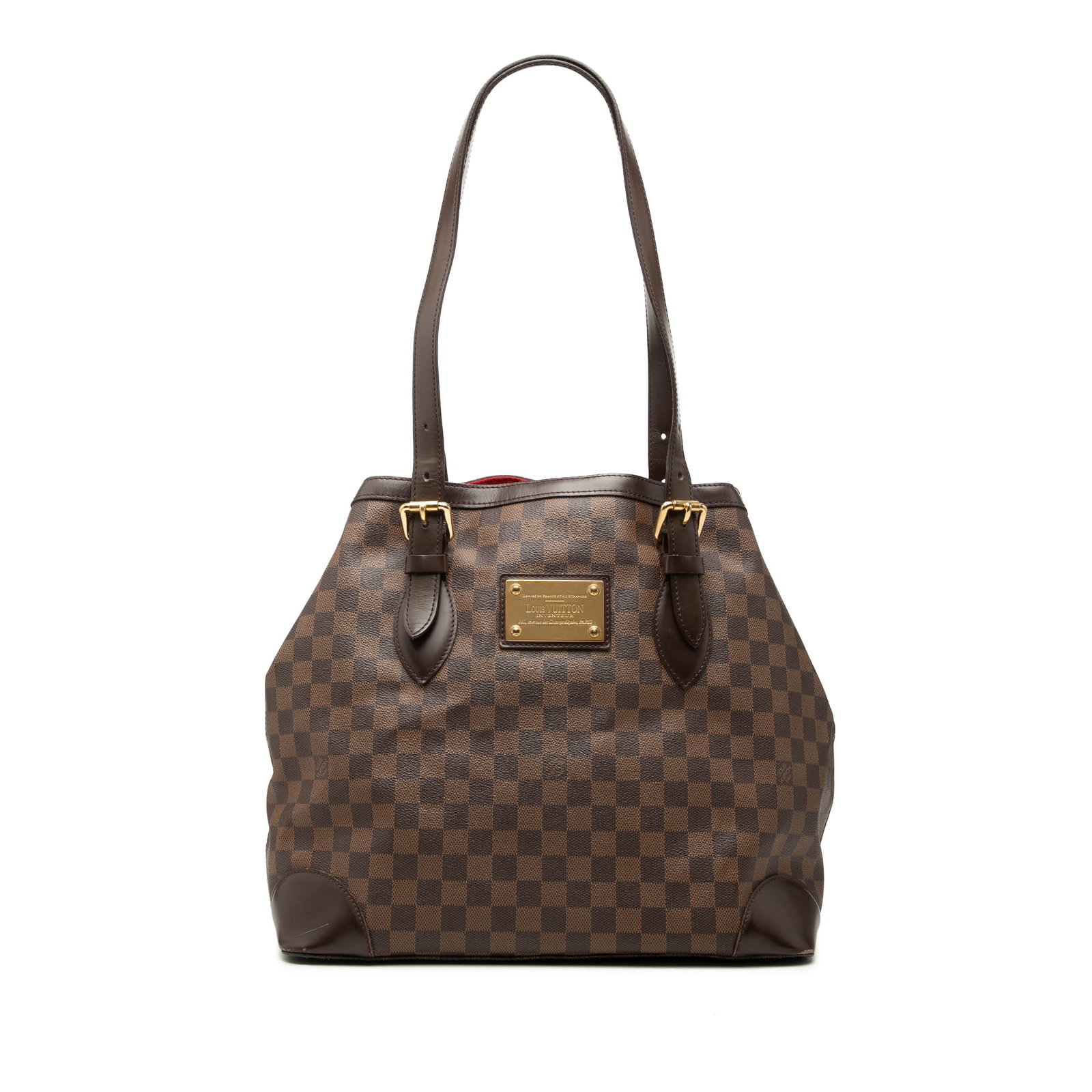 Louis Vuitton Hampstead MM Damier Ebene tote bag: Louis Vuitton Hampstead MM Damier Ebene tote bag A Louis Vuitton Hampstead MM tote in Damier Ebene canvas with leather trim and flat leather handles. The open-top design includes an interior with zip 