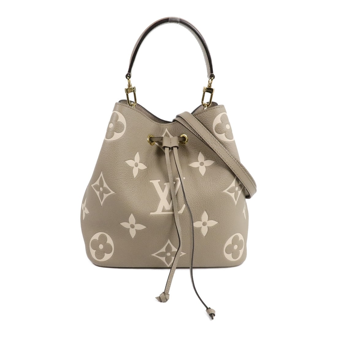 Louis Vuitton Neo Noe MM M45555 Monogram Empreinte 2 Way Bag: Louis Vuitton Neo Noe MM M45555 Monogram Empreinte 2 Way Bag Louis Vuitton Neo Noe MM 2-way shoulder bag in Monogram Empreinte calfskin with a beige and cream color combination. This women's bag featu