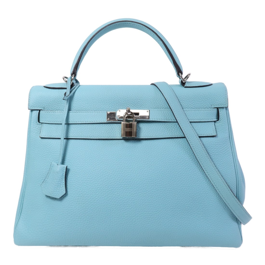 Hermes Kelly 32 Clemence 2 Way Shoulder Bag Blue Atoll PHW: Hermes Kelly 32 Clemence 2 Way Shoulder Bag Blue Atoll PHW Hermes Kelly 32 2-way shoulder bag in Blue Atoll Taurillon Clemence and calfskin. This women's bag is made in France and features palladium-t