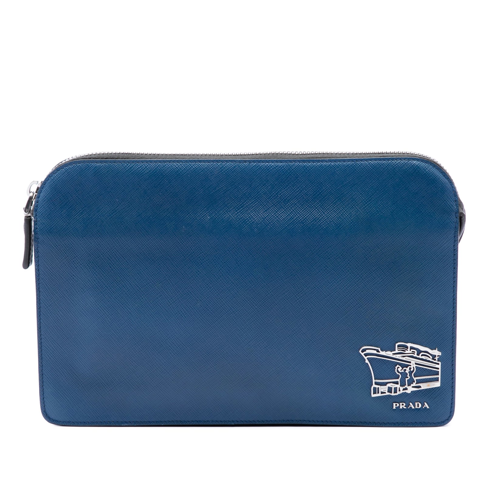 Prada Saffiano Leather Voyage Clutch Bag Blue: Prada Saffiano Leather Voyage Clutch Bag Blue Prada Saffiano Cruise Ship Voyage clutch in blue leather with a structured silhouette, flat back handle, top zip closure, and interior zip and slip pocket