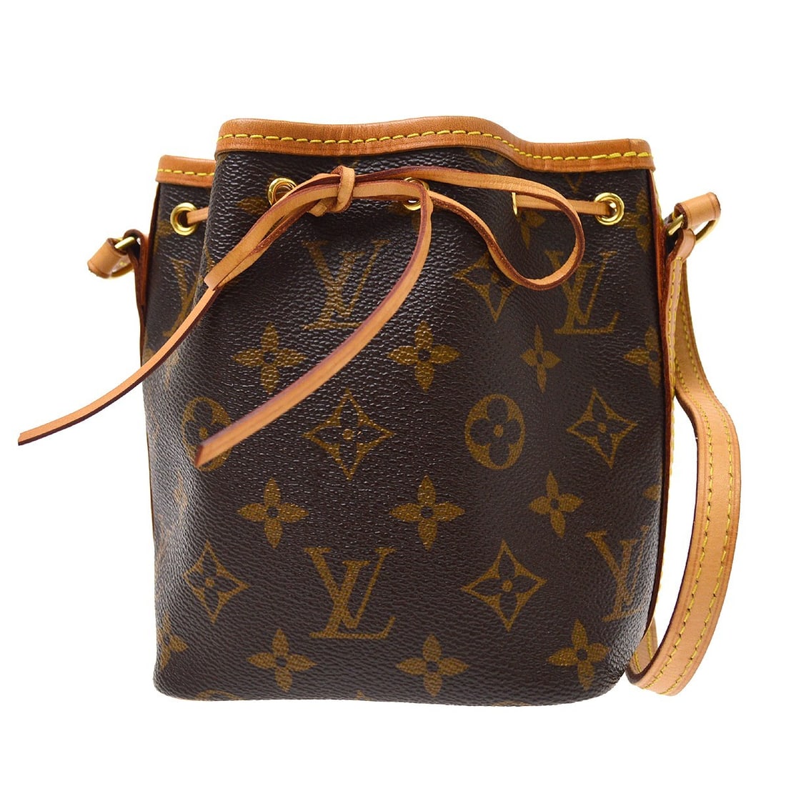 Louis Vuitton Nano Noe Mini Monogram Bucket Bag M41346: Louis Vuitton Nano Noe Mini Monogram Bucket Bag M41346 Louis Vuitton Nano Noe shoulder bag in brown Monogram canvas with leather trim. This mini bucket and drawstring style is made in France and featu