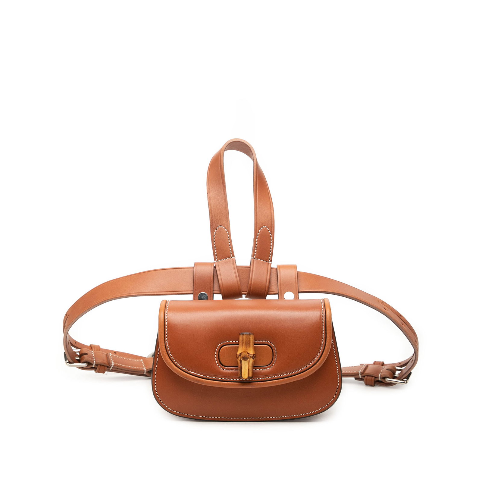 Gucci Bamboo 1947 Mini Belt Bag in Brown Calfskin: Gucci Bamboo 1947 Mini Belt Bag in Brown Calfskin Gucci Mini Calfskin Bamboo 1947 belt bag crafted in brown leather with an adjustable flat leather waist strap. The design features a front flap with a
