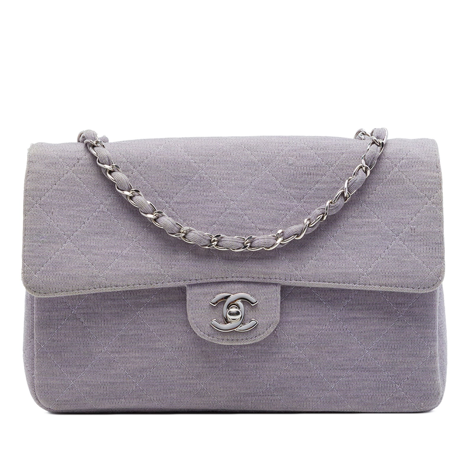 Chanel Medium Classic Jersey Flap Shoulder Bag Purple Fabric: Chanel Medium Classic Jersey Flap Shoulder Bag Purple Fabric A Chanel Medium Classic Jersey Single Flap shoulder bag in purple fabric. This bag features fabric woven chain link straps, a front flap wi