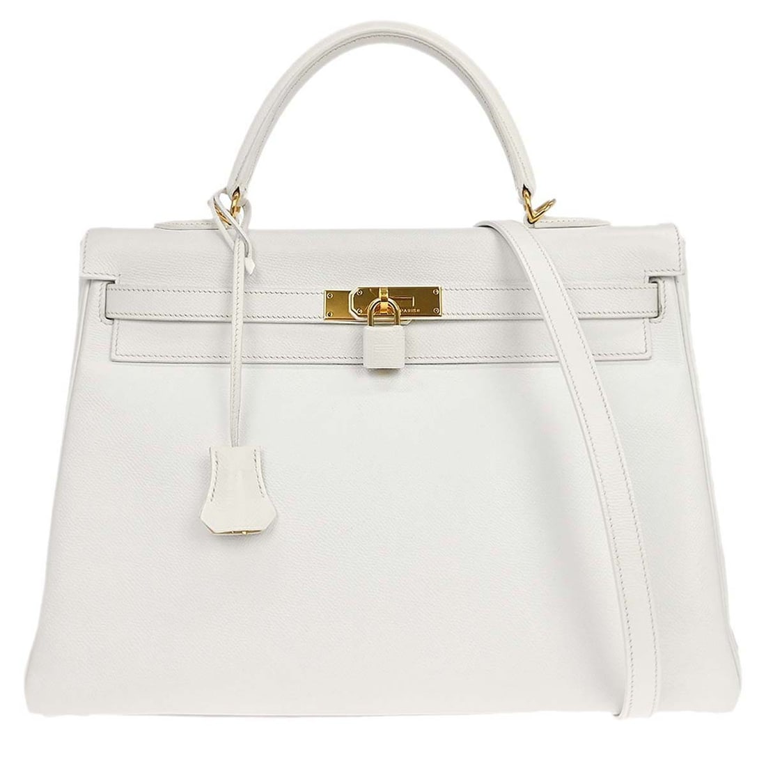 Hermes Kelly white leather handbag with gold hardware: Hermes Kelly white leather handbag with gold hardware This Hermes Kelly Handbag is crafted from light-colored Epsom leather and features gold hardware. The bag is designed for women and showcases a cl