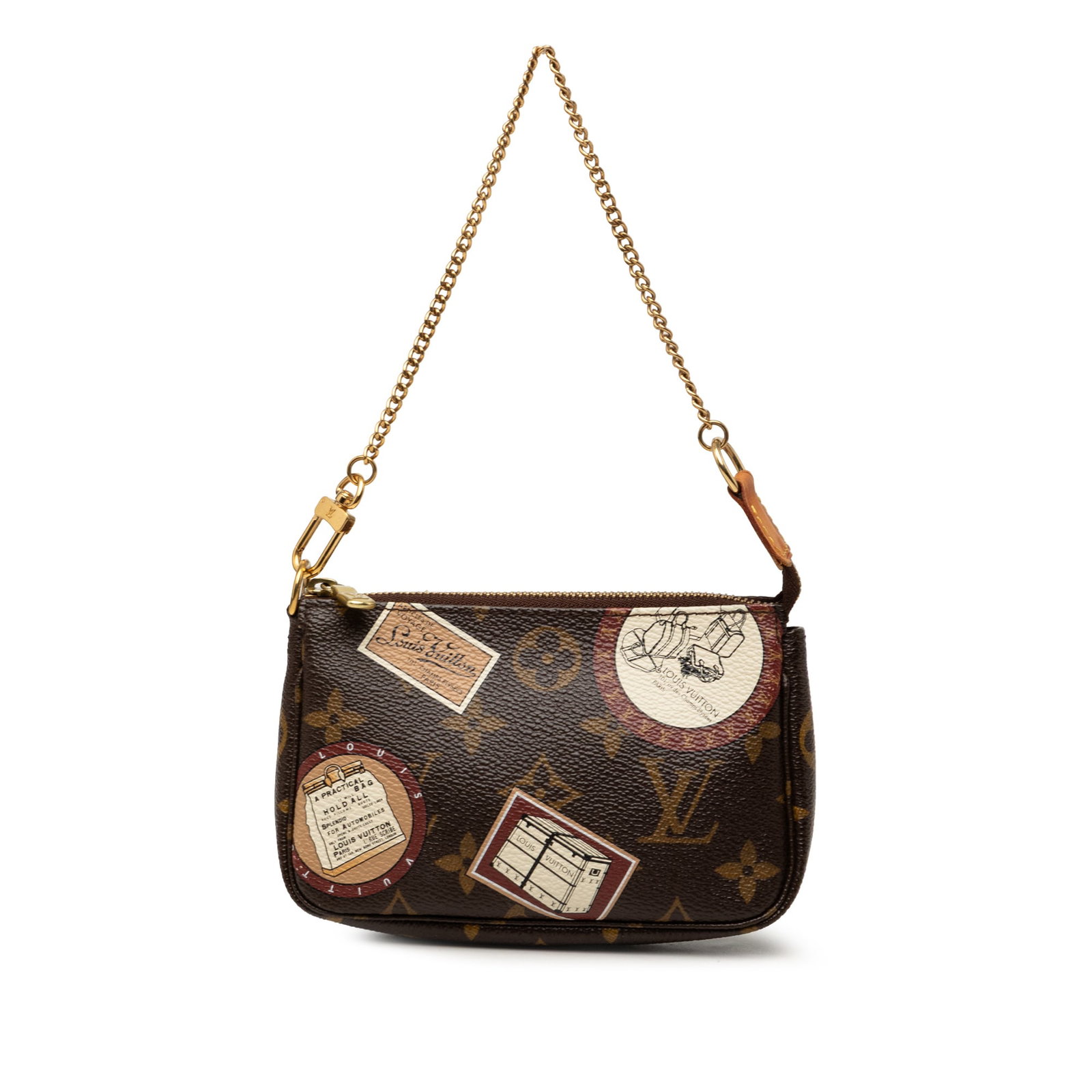 Louis Vuitton Mini Pochette Accessoires Monogram Patch Bag: Louis Vuitton Mini Pochette Accessoires Monogram Patch Bag Louis Vuitton Monogram Patch Mini Pochette Accessoires with a monogram canvas body, gold-tone chain strap, and top zip closure. Made in Franc