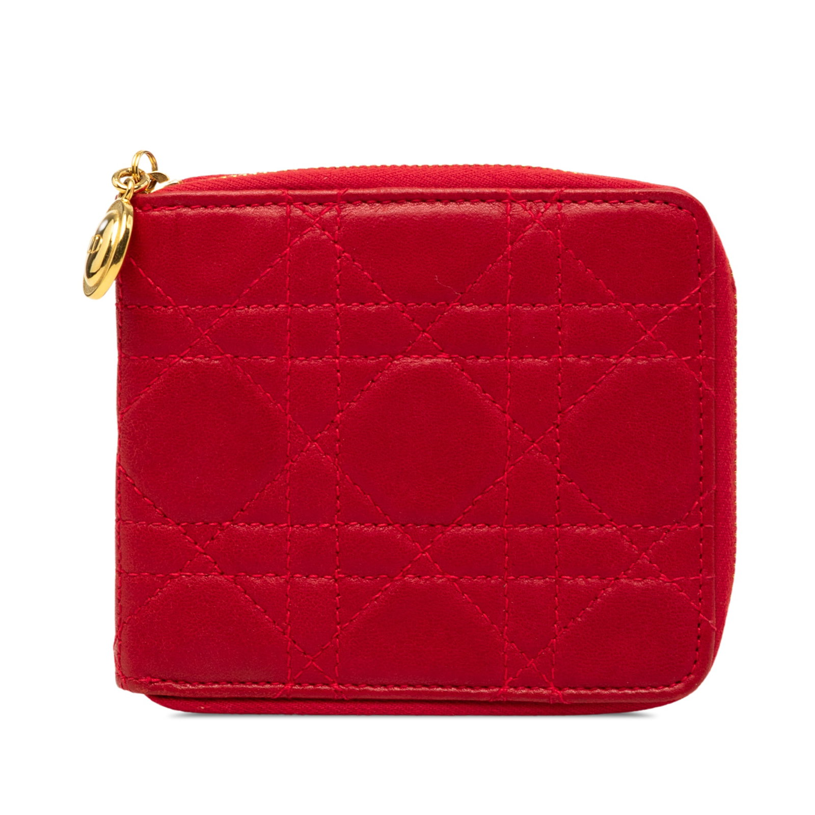 Dior Lady Dior Cannage Lambskin Compact Zip Wallet Red: Dior Lady Dior Cannage Lambskin Compact Zip Wallet Red Compact Dior wallet in red quilted lambskin leather with Cannage detailing. This zip-around design includes interior flap and slip pockets. Condi