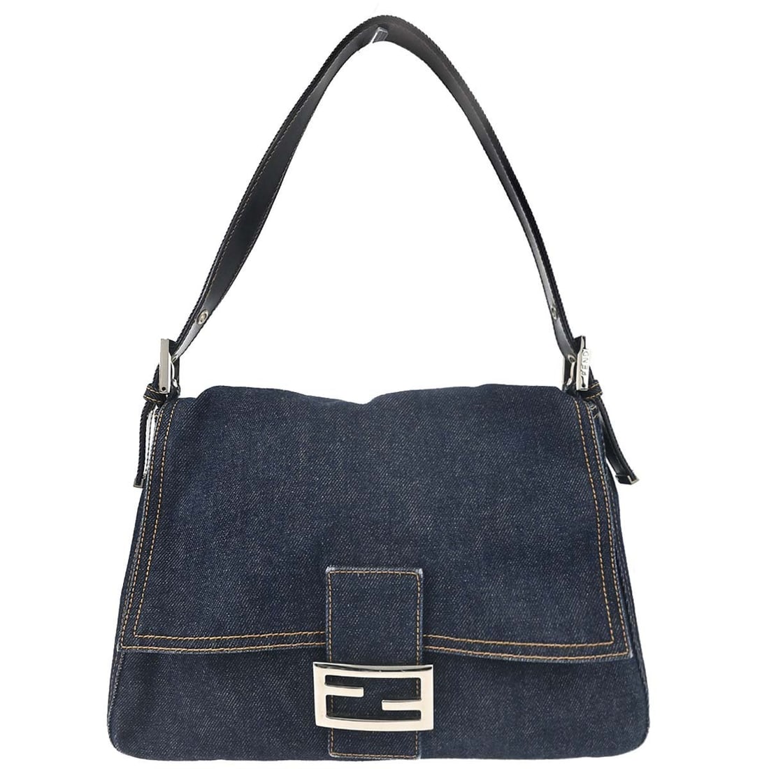 Fendi Mamma Baguette Zucca Denim Shoulder Bag Indigo: Fendi Mamma Baguette Zucca Denim Shoulder Bag Indigo Fendi Mamma Baguette handbag in indigo denim with the Zucca pattern and logo accents. This medium shoulder bag features a magnetic closure, adjusta