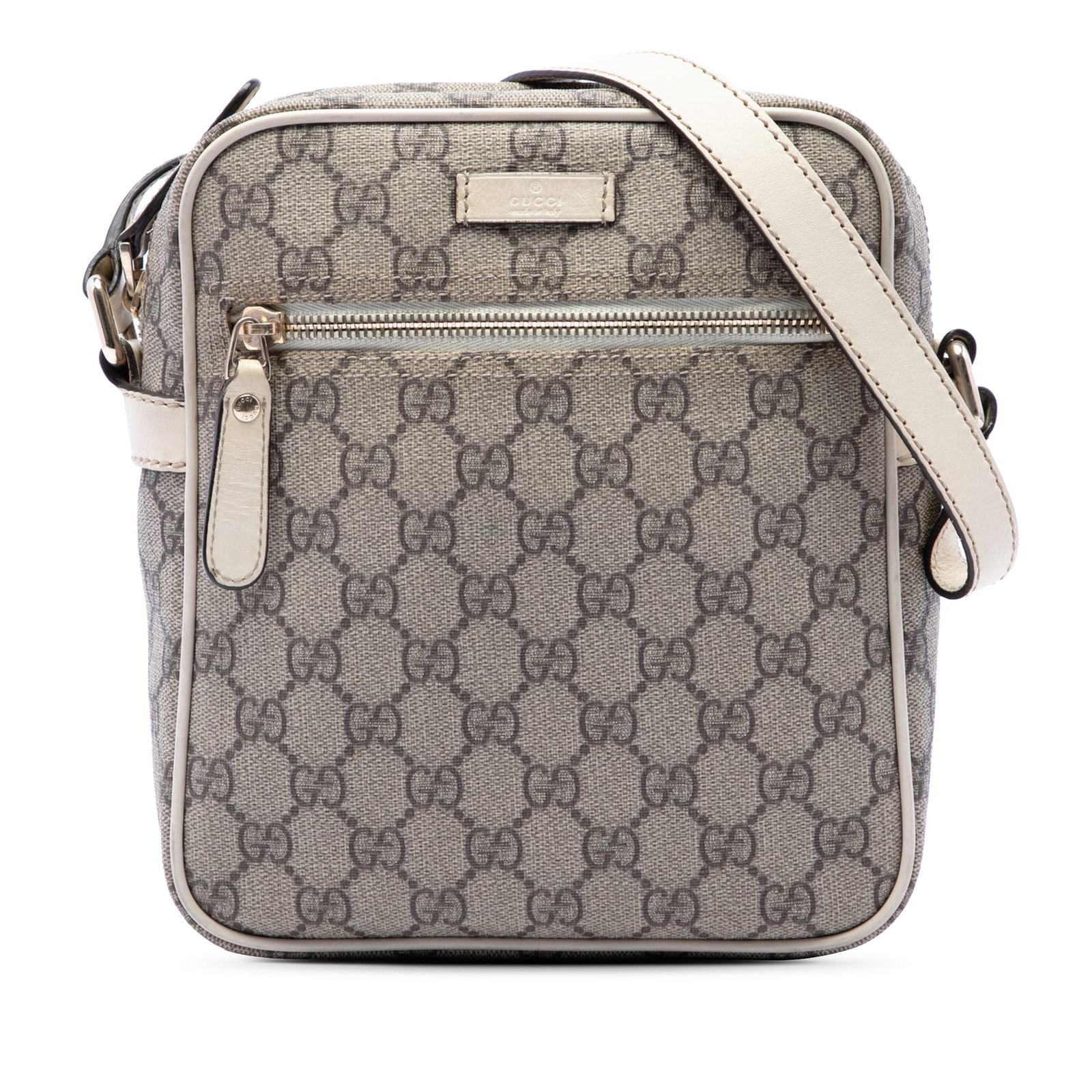 Gucci GG Supreme coated canvas crossbody bag beige: Gucci GG Supreme coated canvas crossbody bag beige Gucci GG Supreme crossbody bag crafted with a coated canvas body and leather trim. The design includes a flat leather strap, top zip closure, an exte