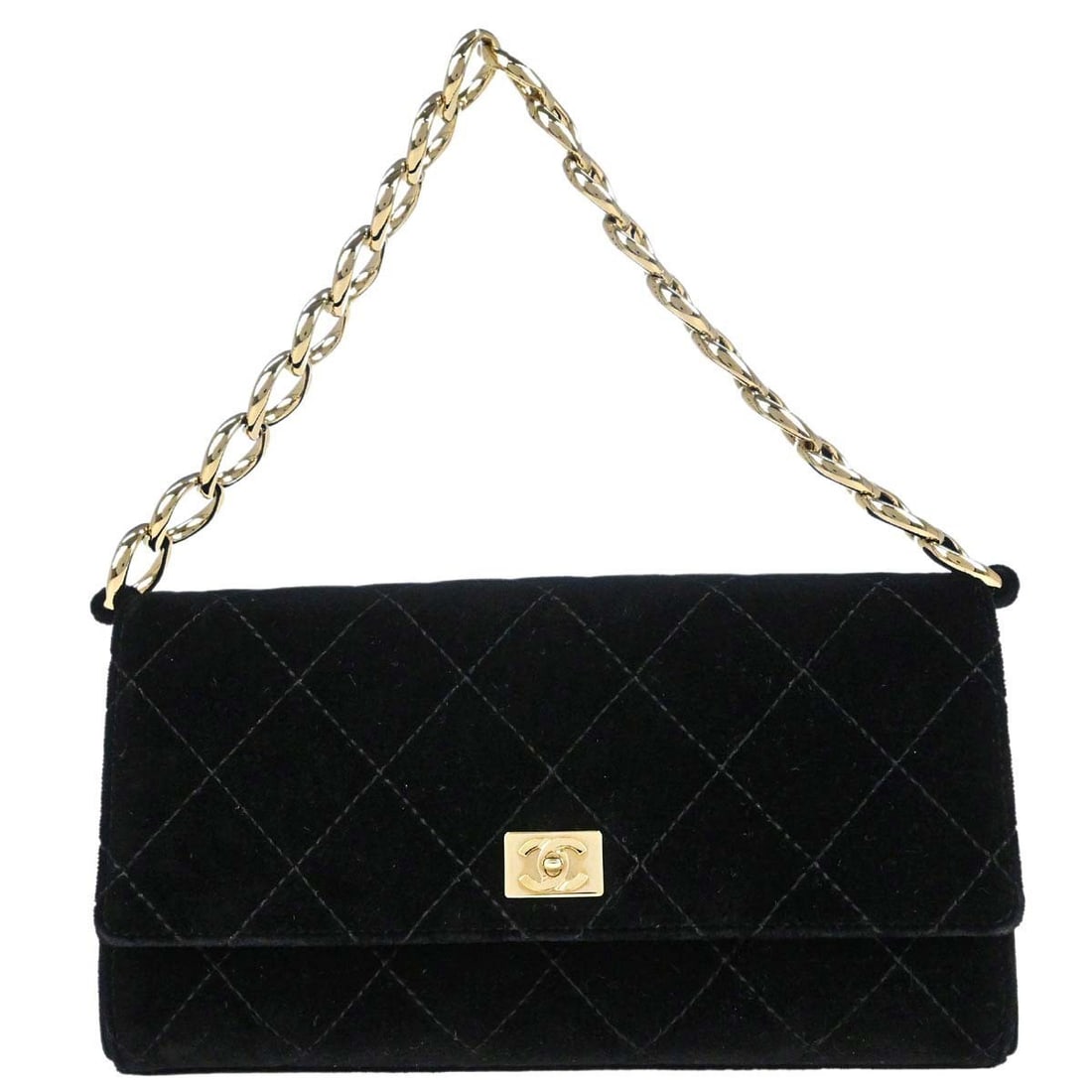 CHANEL Classic Flap Small Black Velvet Top Handle Bag: CHANEL Classic Flap Small Black Velvet Top Handle Bag Chanel Classic Flap top handle handbag in black velvet with logo accents and a turn-lock closure. This small women's bag features an exterior pock