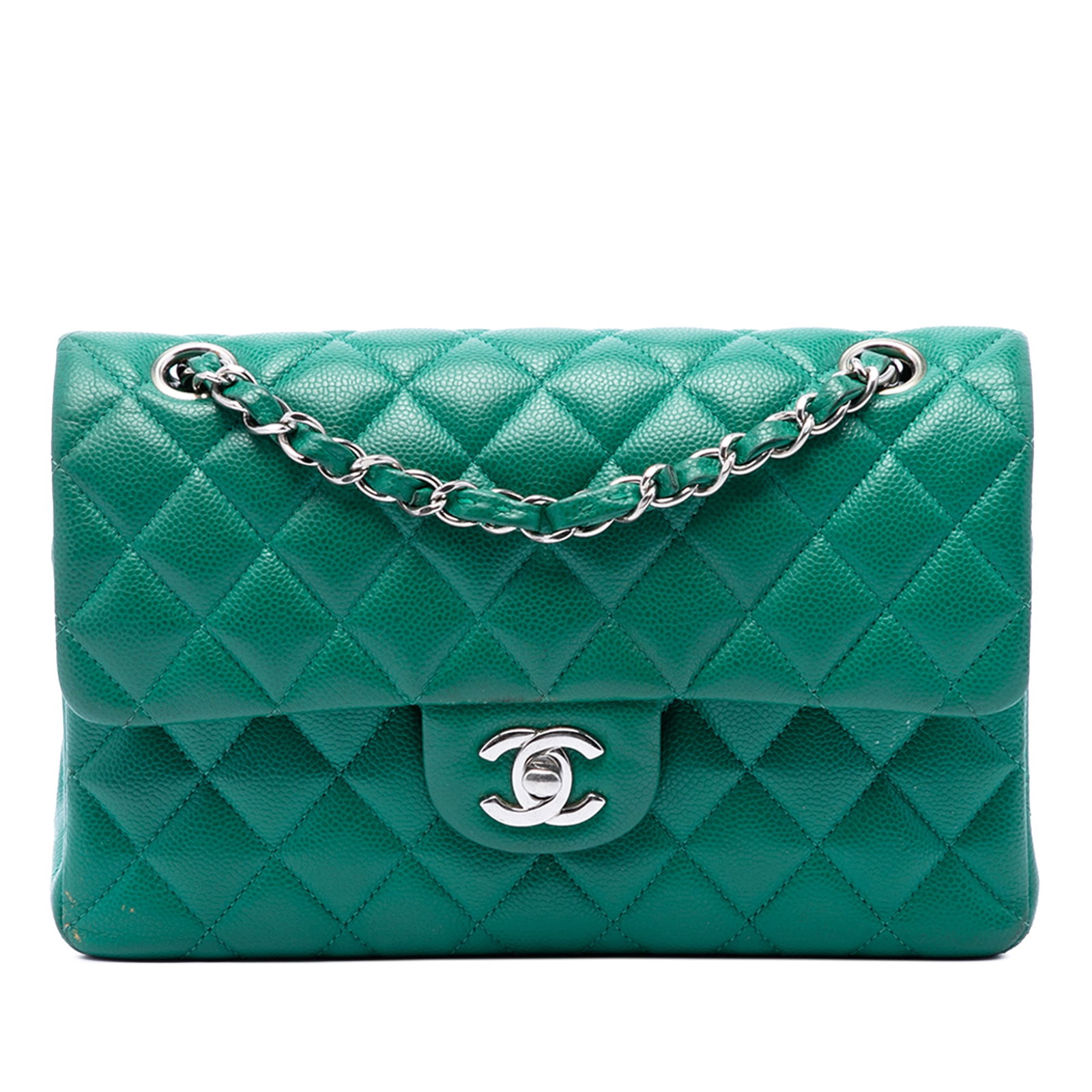 Chanel Small Classic Double Flap Caviar Leather Shoulder Bag: Chanel Small Classic Double Flap Caviar Leather Shoulder Bag Small Classic Caviar Double Flap bag in green quilted caviar leather with leather-woven chain straps, front flaps, a CC turn-lock closure, 