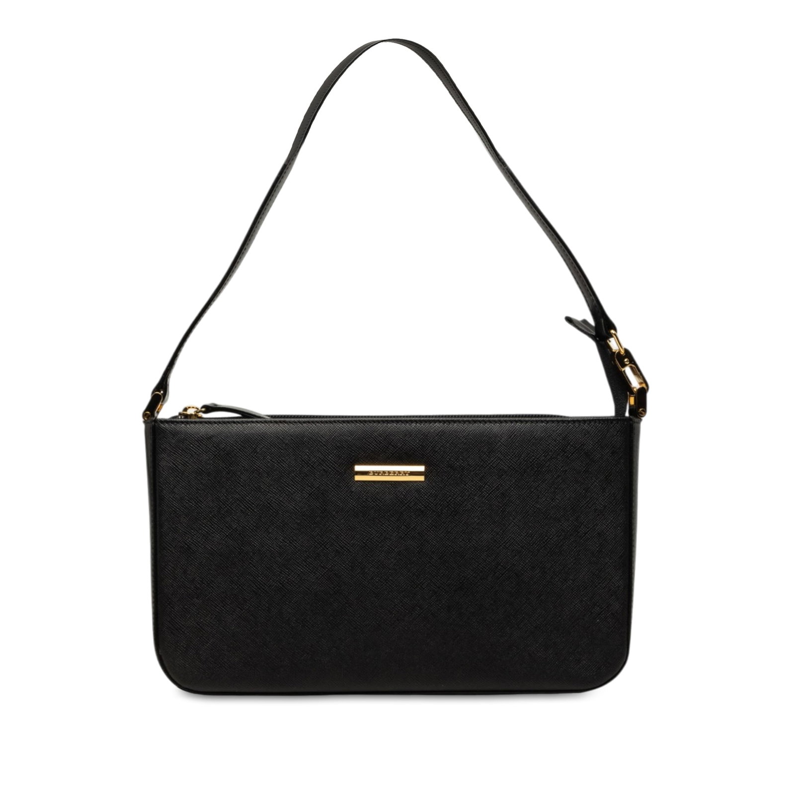 Black Leather Zip Shoulder Bag Burberry Made in Italy: Black Leather Zip Shoulder Bag Burberry Made in Italy Burberry leather shoulder bag in black with a streamlined silhouette. It features a flat leather shoulder strap, top zip closure, and an interior 