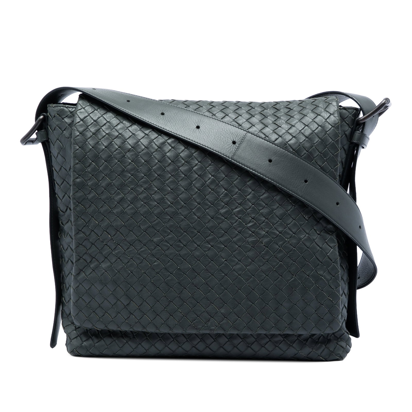 Bottega Veneta Intrecciato Nappa Leather Crossbody Messenger Bag: Bottega Veneta Intrecciato Nappa Leather Crossbody Messenger Bag Bottega Veneta Nappa Intrecciato messenger bag crafted in gray woven leather. This crossbody style features an adjustable flat leather 