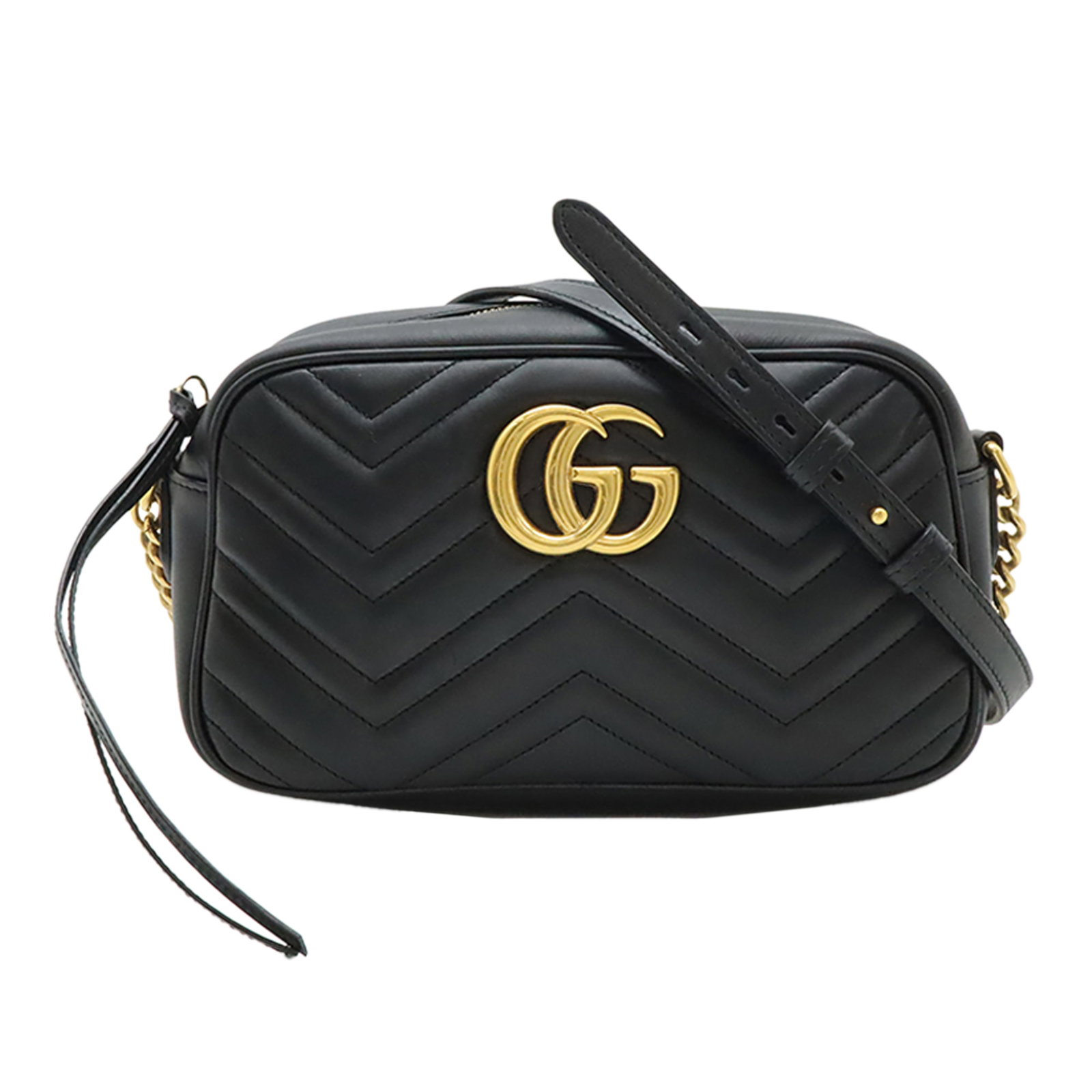 Gucci GG Marmont Small Matelasse Leather Crossbody Bag: Gucci GG Marmont Small Matelasse Leather Crossbody Bag A Gucci Small GG Marmont Matelasse Calfskin Crossbody in black leather with a quilted body, chain link and flat leather shoulder strap, top zip c