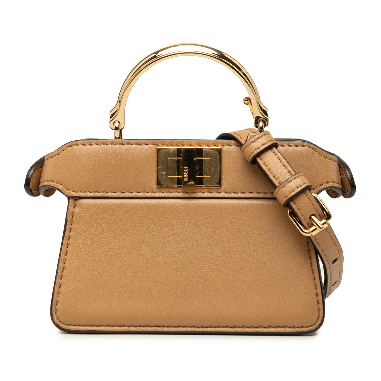 Fendi Peekaboo ISeeU Nano Leather Satchel with Maxi Handle: Fendi Peekaboo ISeeU Nano Leather Satchel with Maxi Handle Compact and structured, this Fendi Nano Peekaboo ISeeU Maxi Handle satchel is crafted in brown calfskin leather with a metal top handle, deta