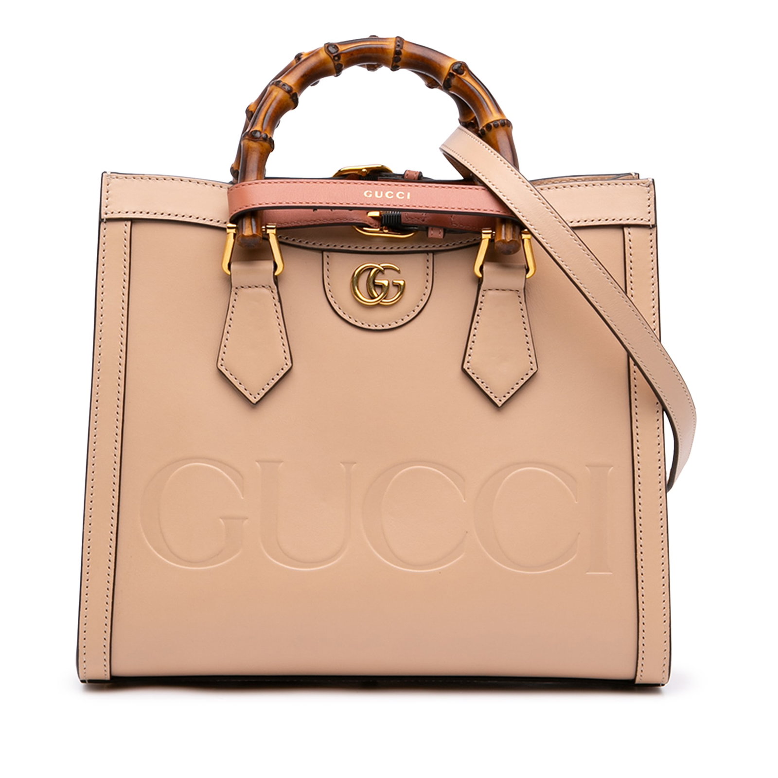 Gucci Diana Medium Bamboo Satchel in Beige Calfskin: Gucci Diana Medium Bamboo Satchel in Beige Calfskin A Gucci Diana satchel crafted in beige calfskin leather with embossed logo detailing and signature bamboo handles. This medium satchel includes a de
