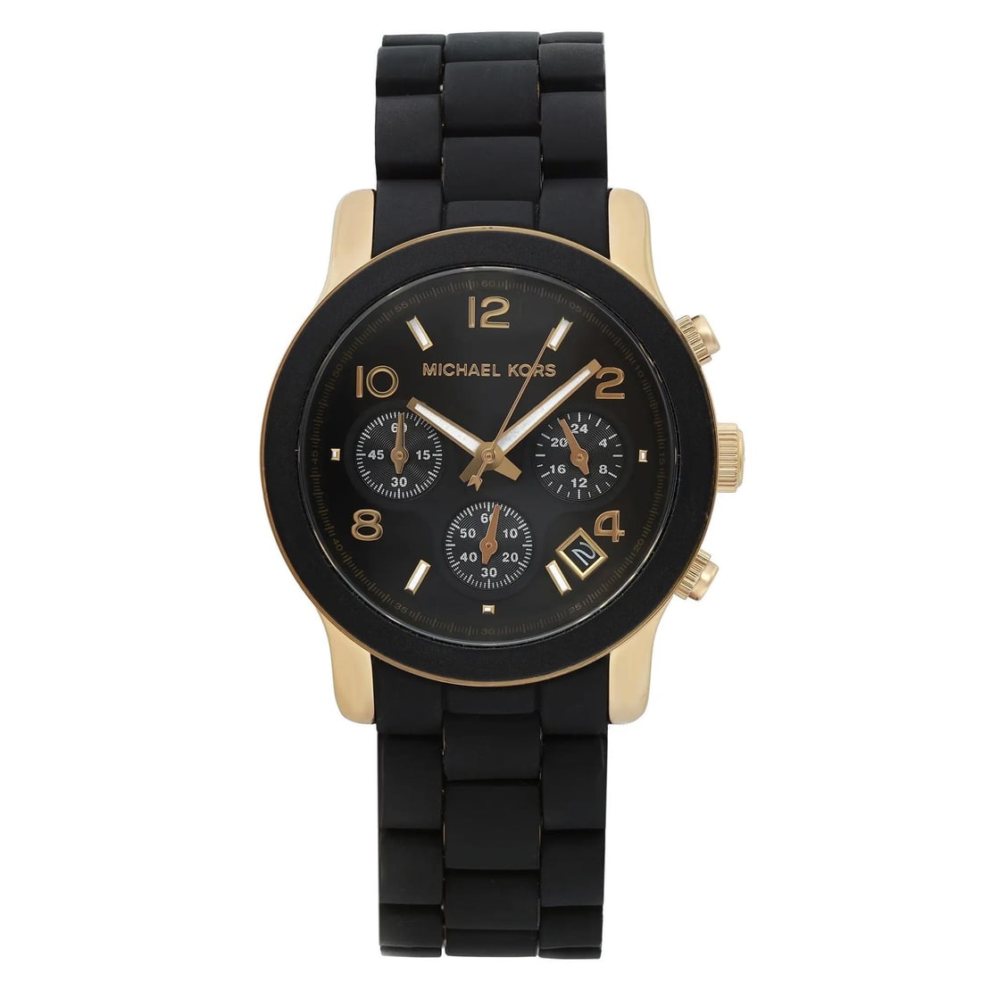 Michael Kors MK5191 Runway wristwatch black dial gold tone chronograph: Michael Kors MK5191 Runway wristwatch black dial gold tone chronograph Pre-owned Michael Kors Runway wristwatch with a black dial and chronograph feature. This analog quartz watch has a round case and