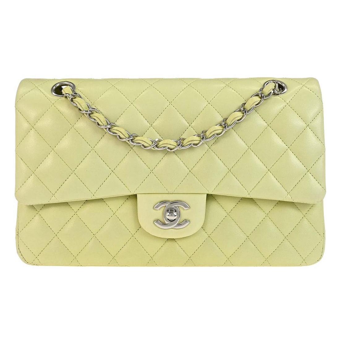 CHANEL Classic Double Flap Medium Lambskin Shoulder Bag Green: CHANEL Classic Double Flap Medium Lambskin Shoulder Bag Green Chanel Medium Classic Double Flap shoulder bag in light green lambskin leather. This women's shoulder bag features a turn-lock closure and