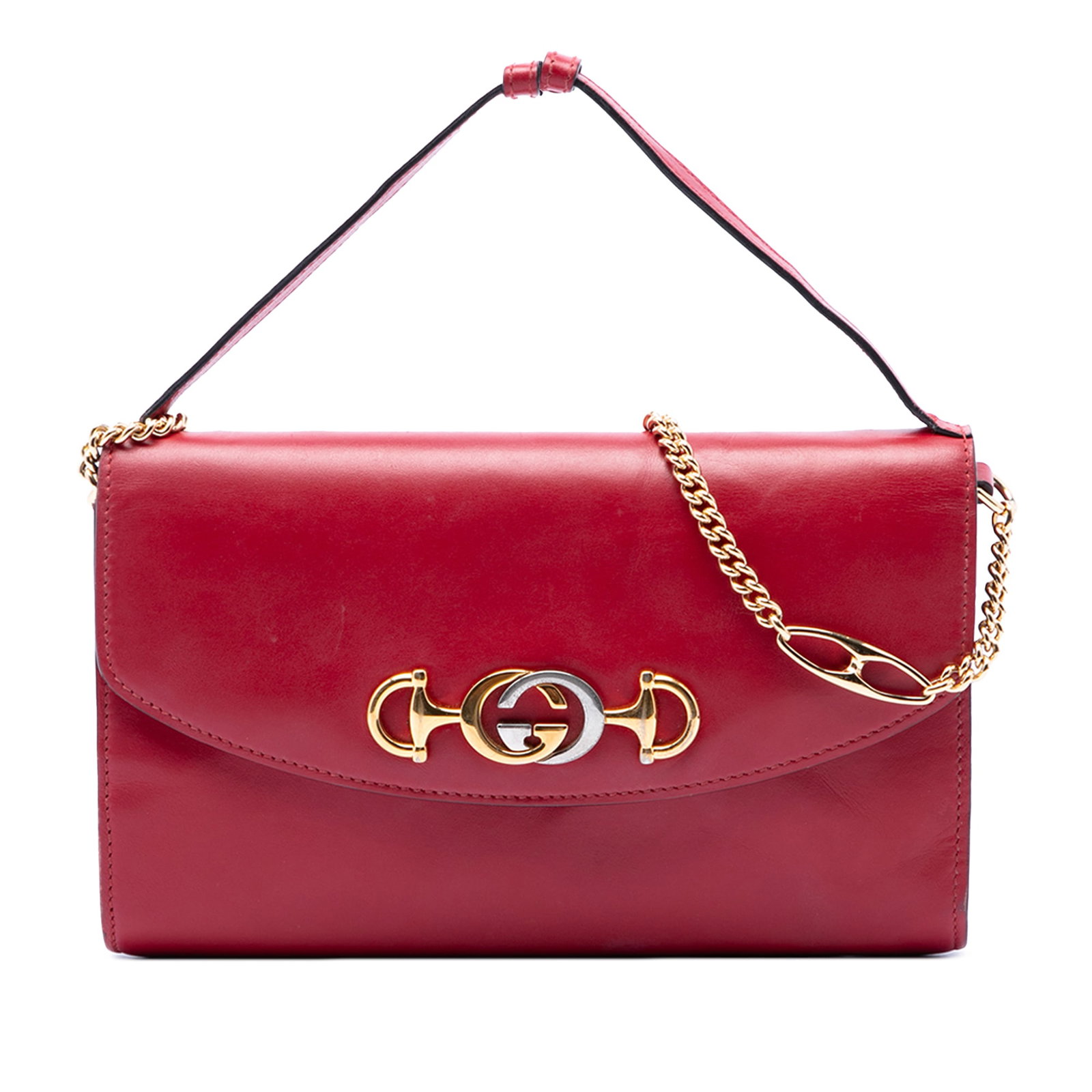 Gucci Zumi Small Red Leather Satchel with Chain Strap: Gucci Zumi Small Red Leather Satchel with Chain Strap A Gucci Small Leather Zumi Satchel in red leather with a structured silhouette. It features a flat top handle, a detachable gold-tone chain strap,