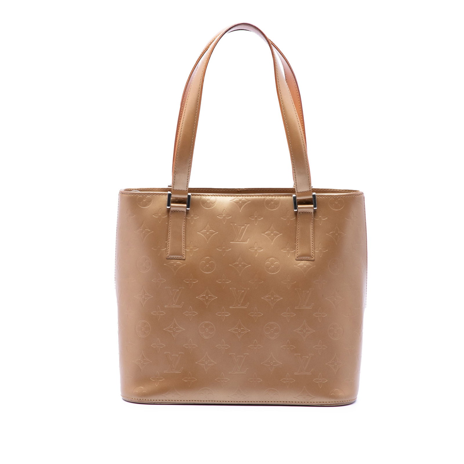 Louis Vuitton Stockton Monogram Mat Leather Handbag Gold: Louis Vuitton Stockton Monogram Mat Leather Handbag Gold Louis Vuitton Monogram Mat Stockton bag crafted in leather with flat handles, a top zip closure, and an interior zip pocket. Made in Spain. Con