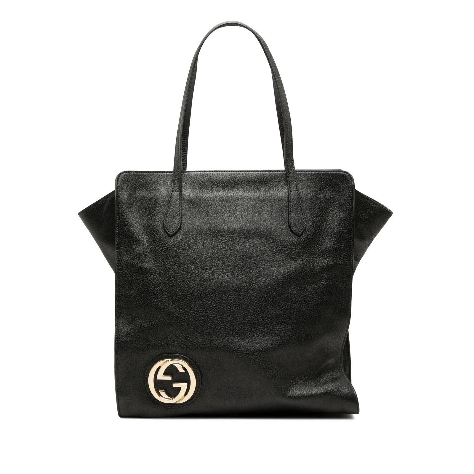 Gucci Interlocking G Tote in Black Dollar Calfskin Leather: Gucci Interlocking G Tote in Black Dollar Calfskin Leather Gucci tote bag crafted from calf leather with the Interlocking G design. It features flat leather handles, a top zip closure, and interior sl