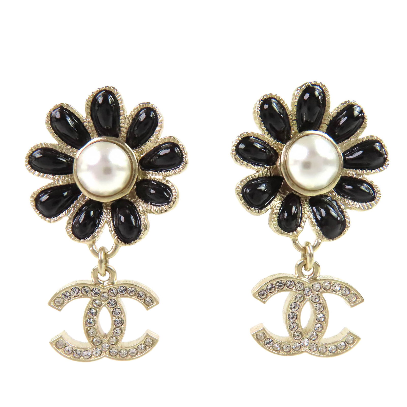 Chanel CC Flower Drop Earrings Gold Plated Faux Pearl Enamel Strass: Chanel CC Flower Drop Earrings Gold Plated Faux Pearl Enamel Strass Chanel drop earrings featuring a flower motif with the interlocking CC logo. Crafted in gold-plated metal with strass, enamel, and f