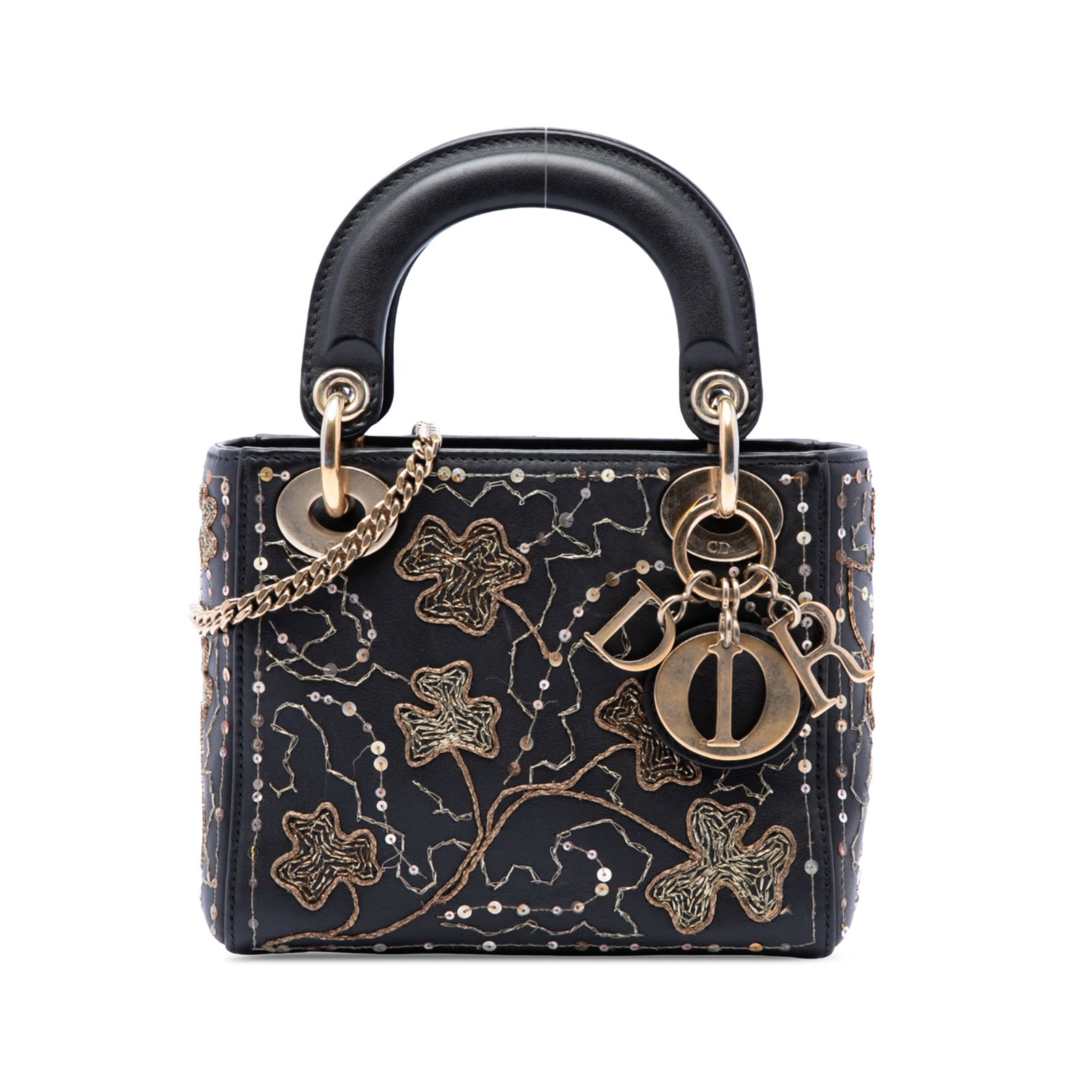 Dior Lady Dior Mini black embroidered calfskin handbag: Dior Lady Dior Mini black embroidered calfskin handbag A compact Lady Dior bag crafted in black embroidered calfskin with clover detailing. It features flat leather top handles, a detachable chain lin