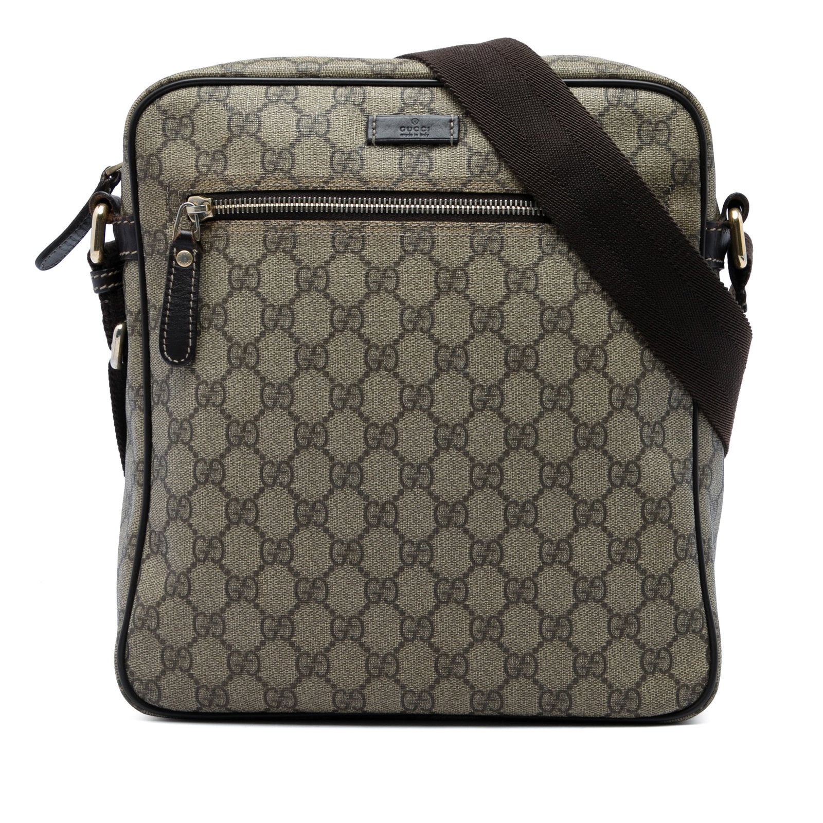 Gucci GG Supreme coated canvas crossbody bag beige: Gucci GG Supreme coated canvas crossbody bag beige Gucci GG Supreme Crossbody bag in beige with a coated canvas body and leather trim. The design includes a flat strap, top zip closure, exterior front