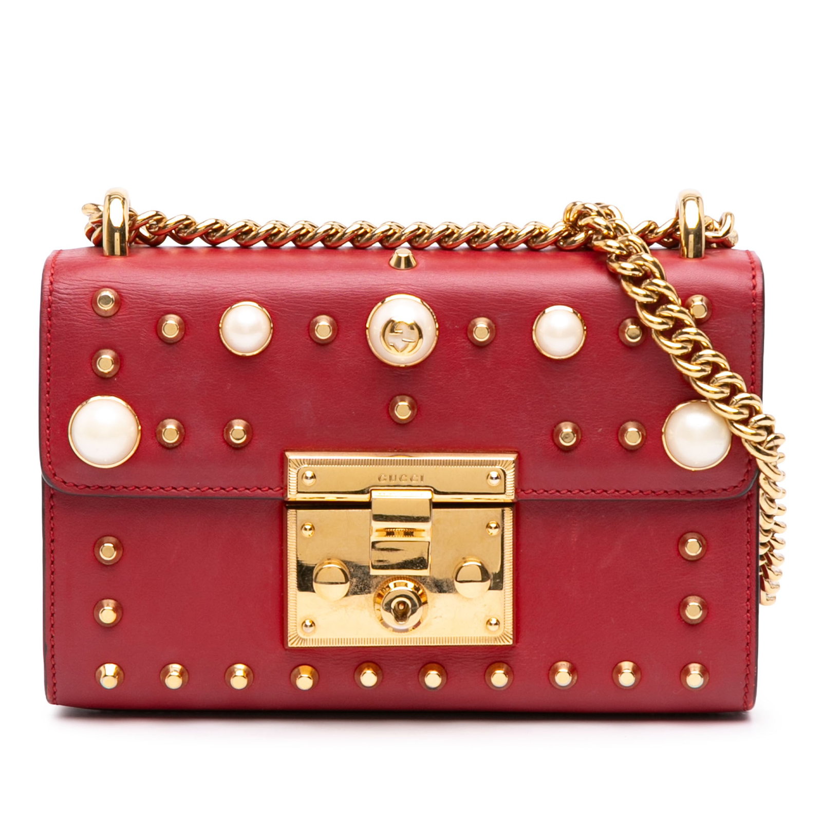 Gucci Padlock Small Red Leather Crossbody with Faux Pearl Studs: Gucci Padlock Small Red Leather Crossbody with Faux Pearl Studs Gucci Small Padlock crossbody bag crafted in red leather with faux pearl embellishments. It features a chain link shoulder strap, a fron
