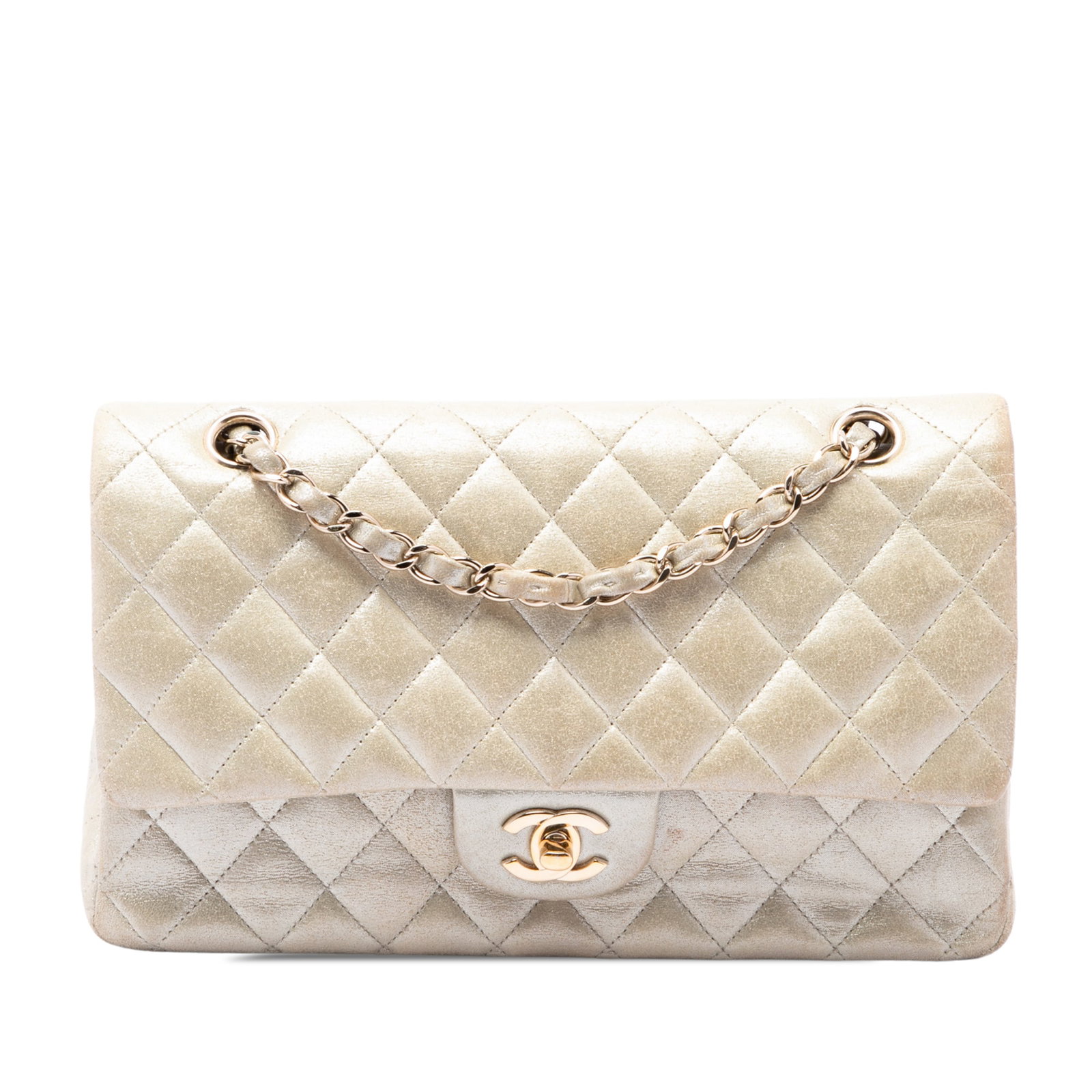 Chanel Medium Classic Double Flap Shoulder Bag Iridescent Calfskin: Chanel Medium Classic Double Flap Shoulder Bag Iridescent Calfskin A Chanel Medium Classic Iridescent Calfskin Double Flap shoulder bag crafted in quilted calf leather with leather-woven chain link st