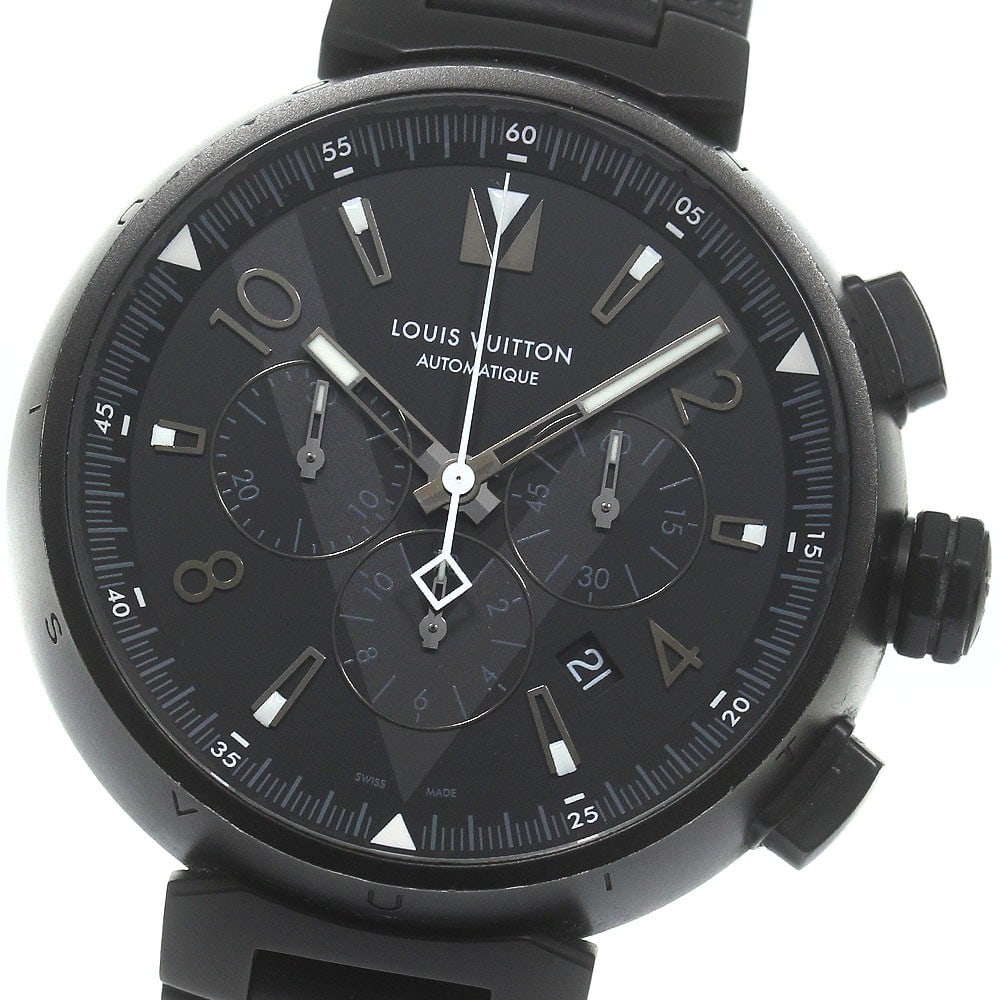 Louis Vuitton Tambour Q1A62 mens automatic chronograph wristwatch: Louis Vuitton Tambour Q1A62 mens automatic chronograph wristwatch Louis Vuitton Tambour chronograph automatic men's wristwatch with a black dial and stainless steel case. This Swiss-made watch feature