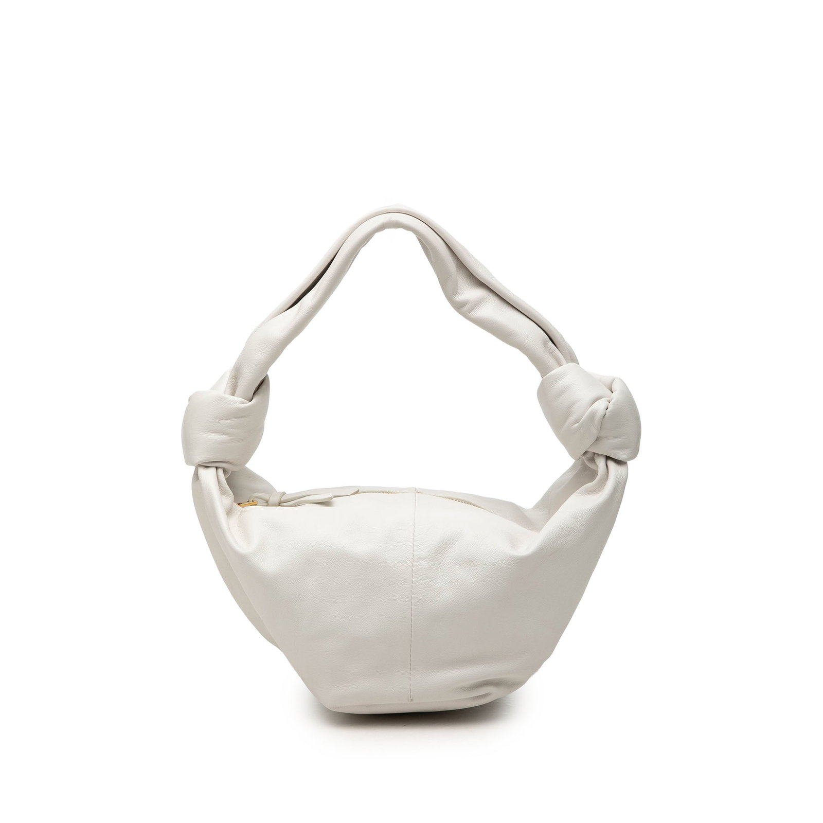 White Leather Mini Bag Bottega Veneta Double Knot: White Leather Mini Bag Bottega Veneta Double Knot A compact Bottega Veneta Double Knot bag crafted in white calfskin leather. This mini bag features a flat leather handle and a top zip closure. Condit